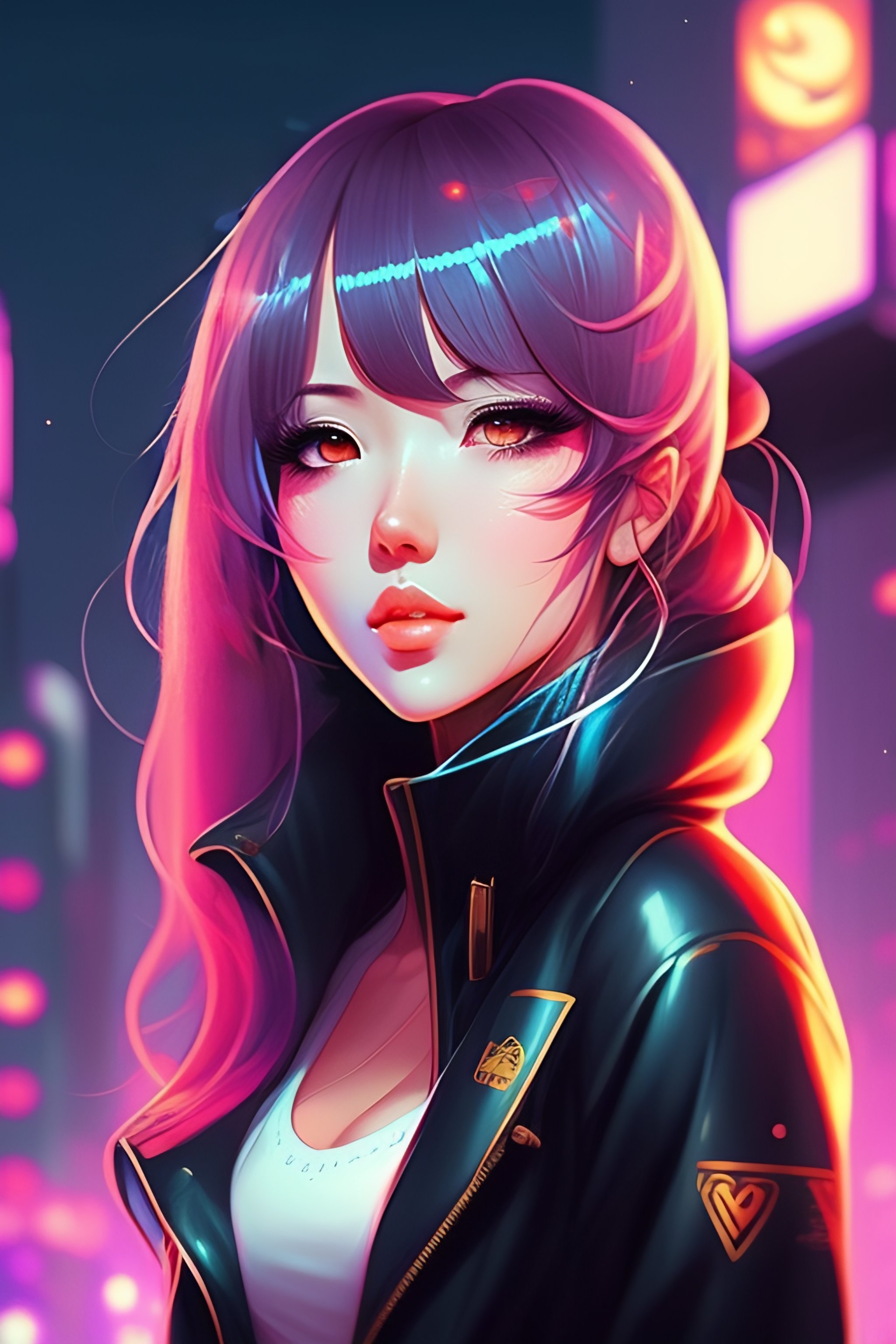 Lexica - Portrait of cute girl, night city background retrowave ...