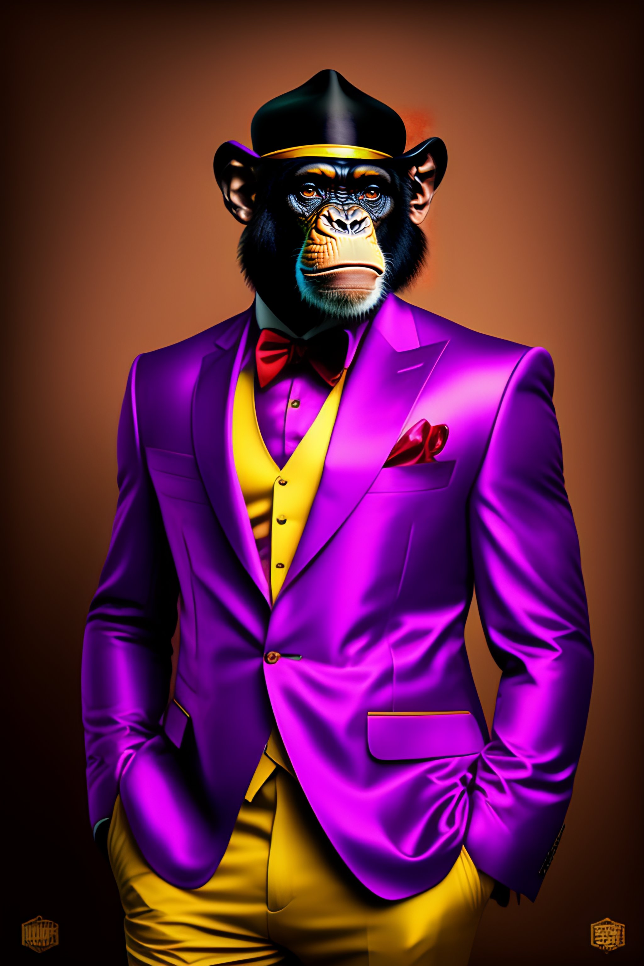 Lexica Retrato De Un Chimpanc Punky Payaso Con Un Traje Retro Futurista En Un Fondo Morado