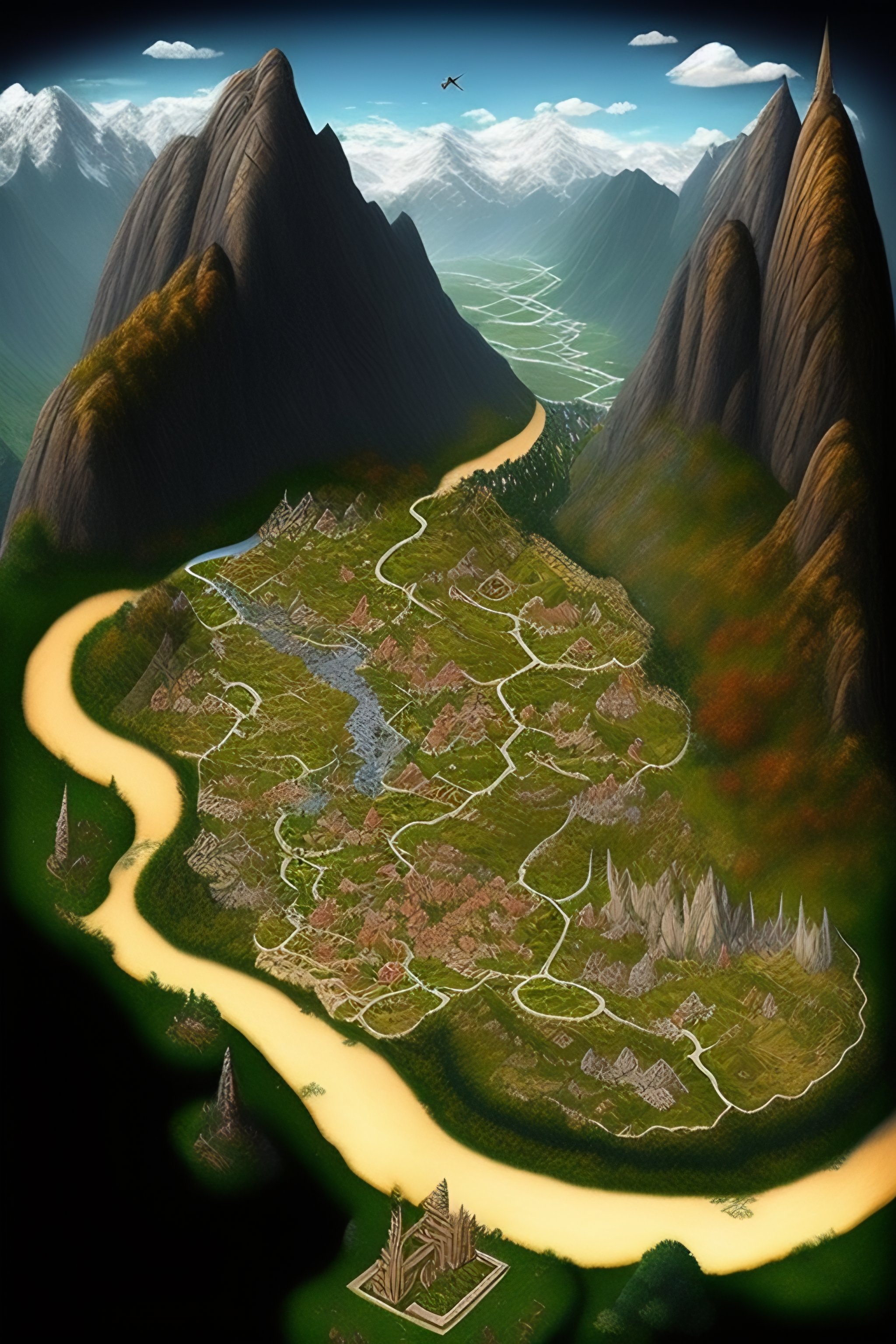 Lexica The lord of the rings style, tabletop map, cities, towns, caves, temples, ruis, anceint