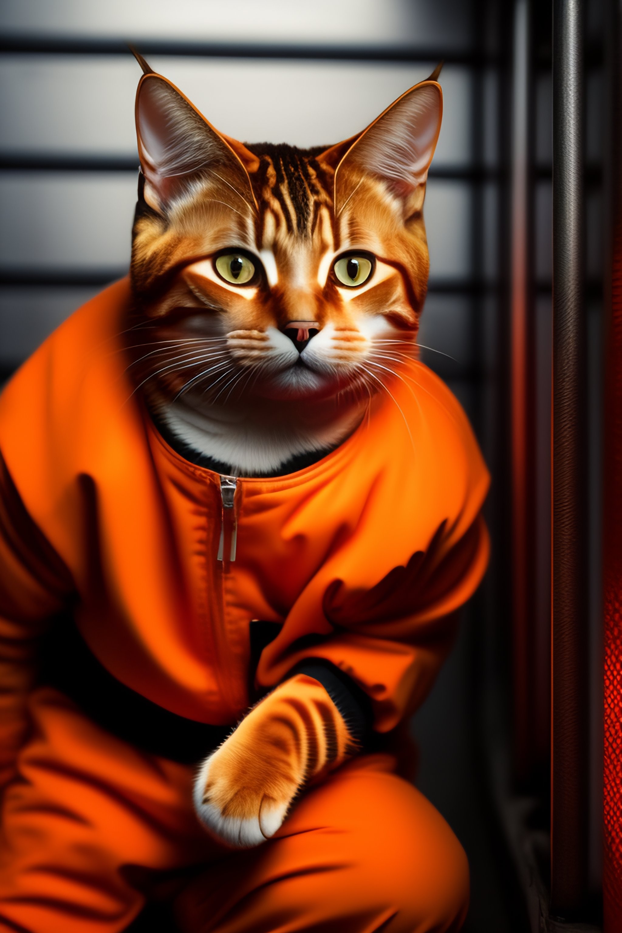 Lexica - A humanoid tabby cat wearing inmate orange jumpsuit outfit in ...