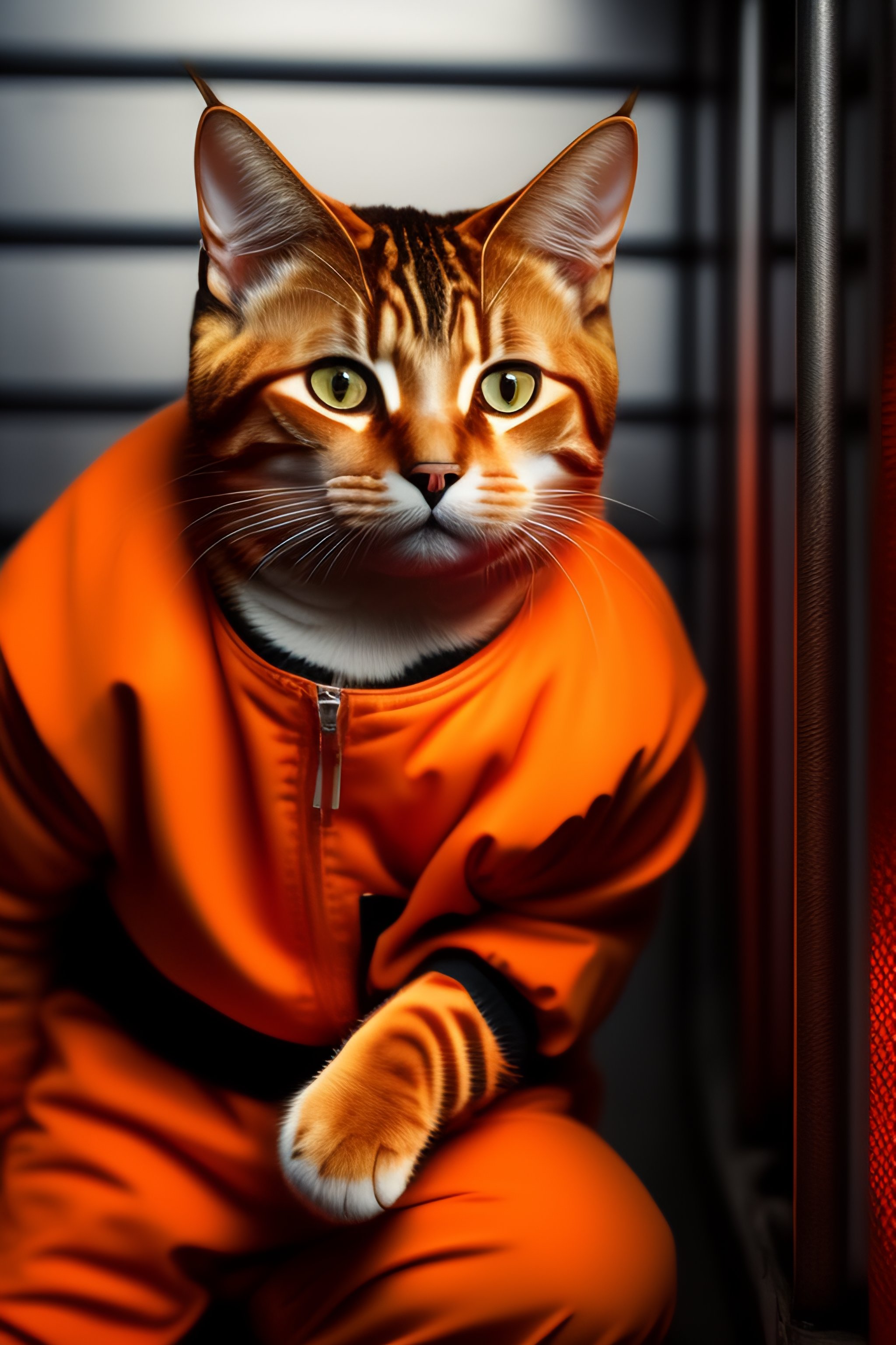 Lexica A humanoid tabby cat wearing inmate orange jumpsuit outfit in