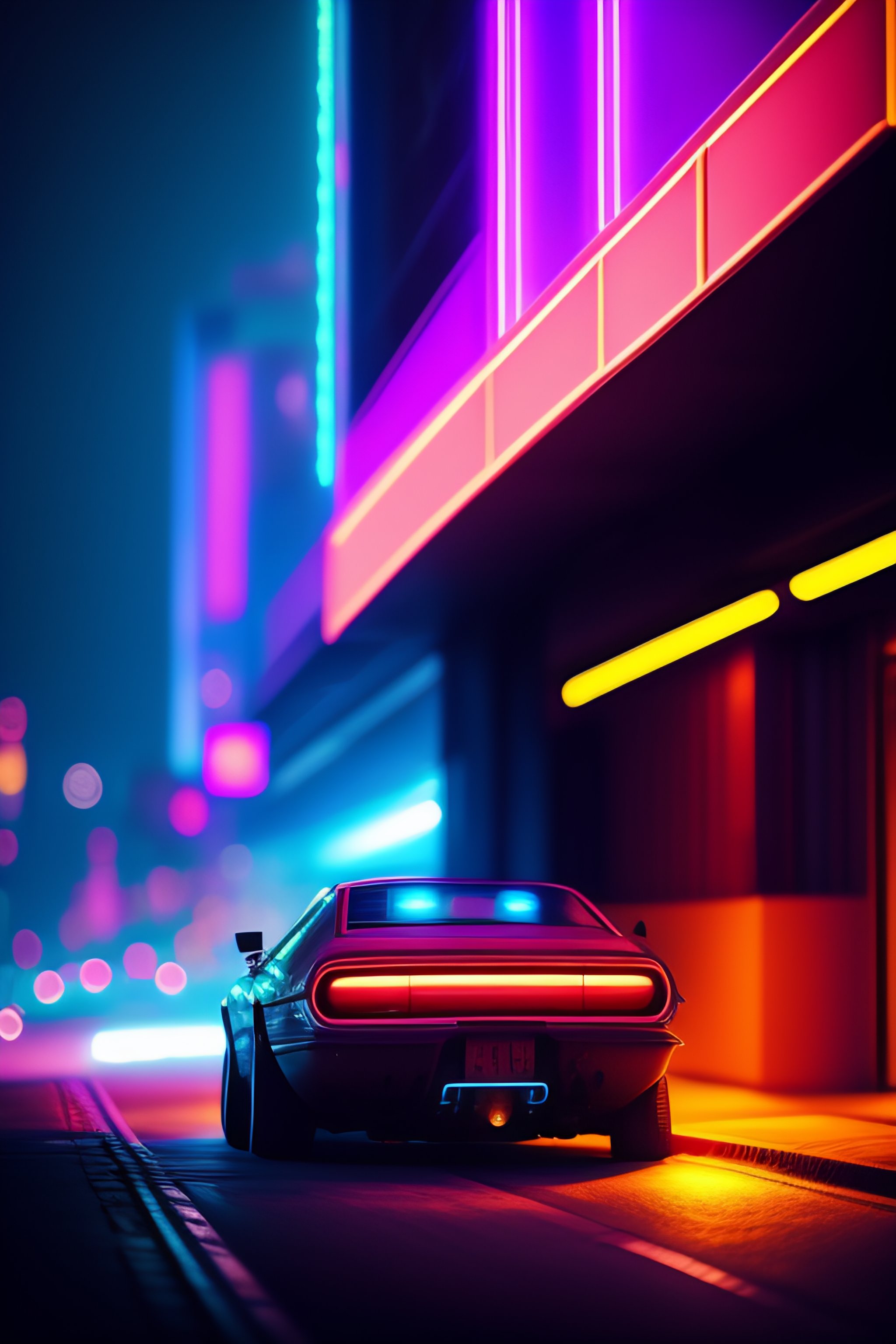 Lexica - Car, cyberpunk, town, lightpost, night,