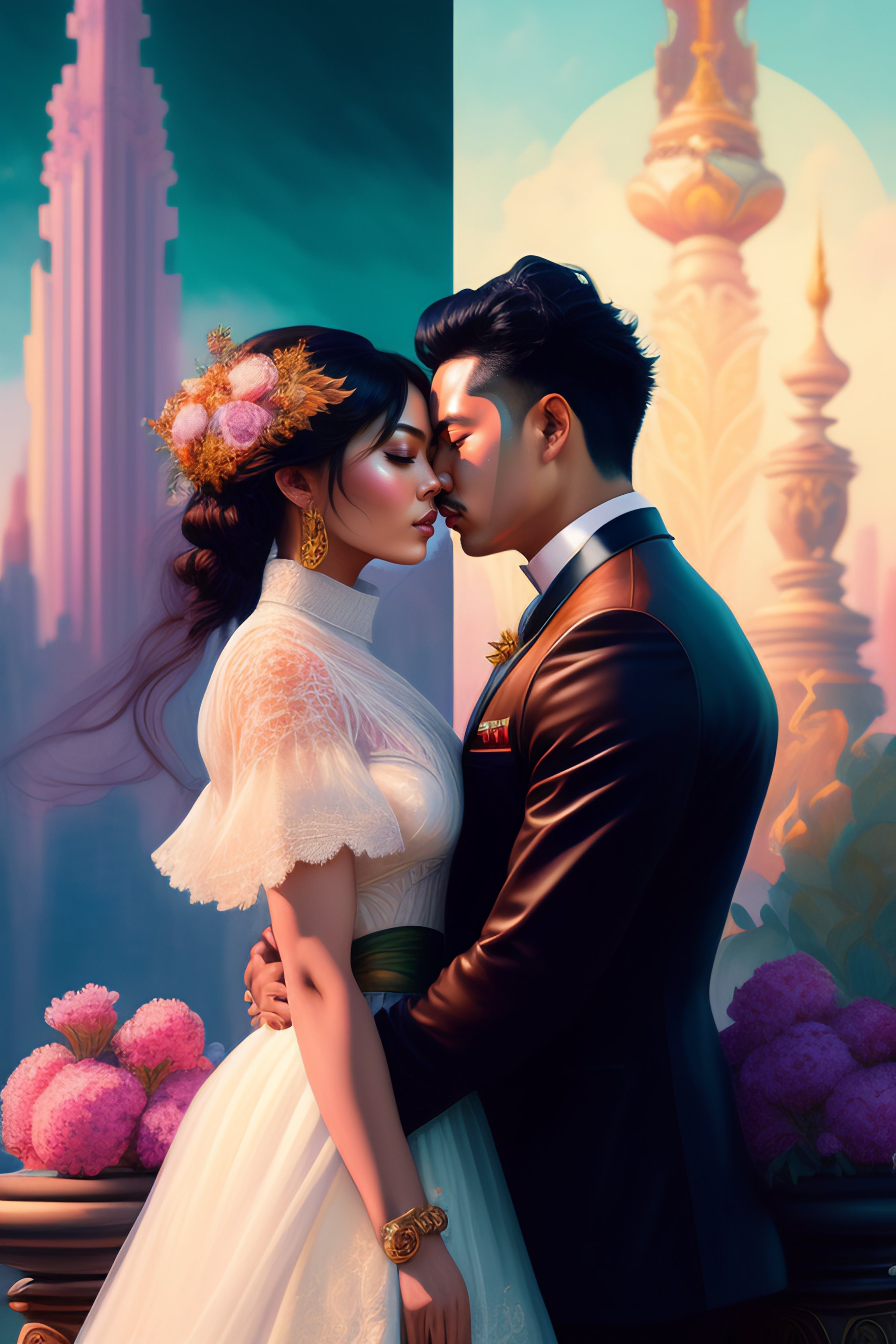 Lexica - Painting of a couple in love, tracer, kissing and hugging ...