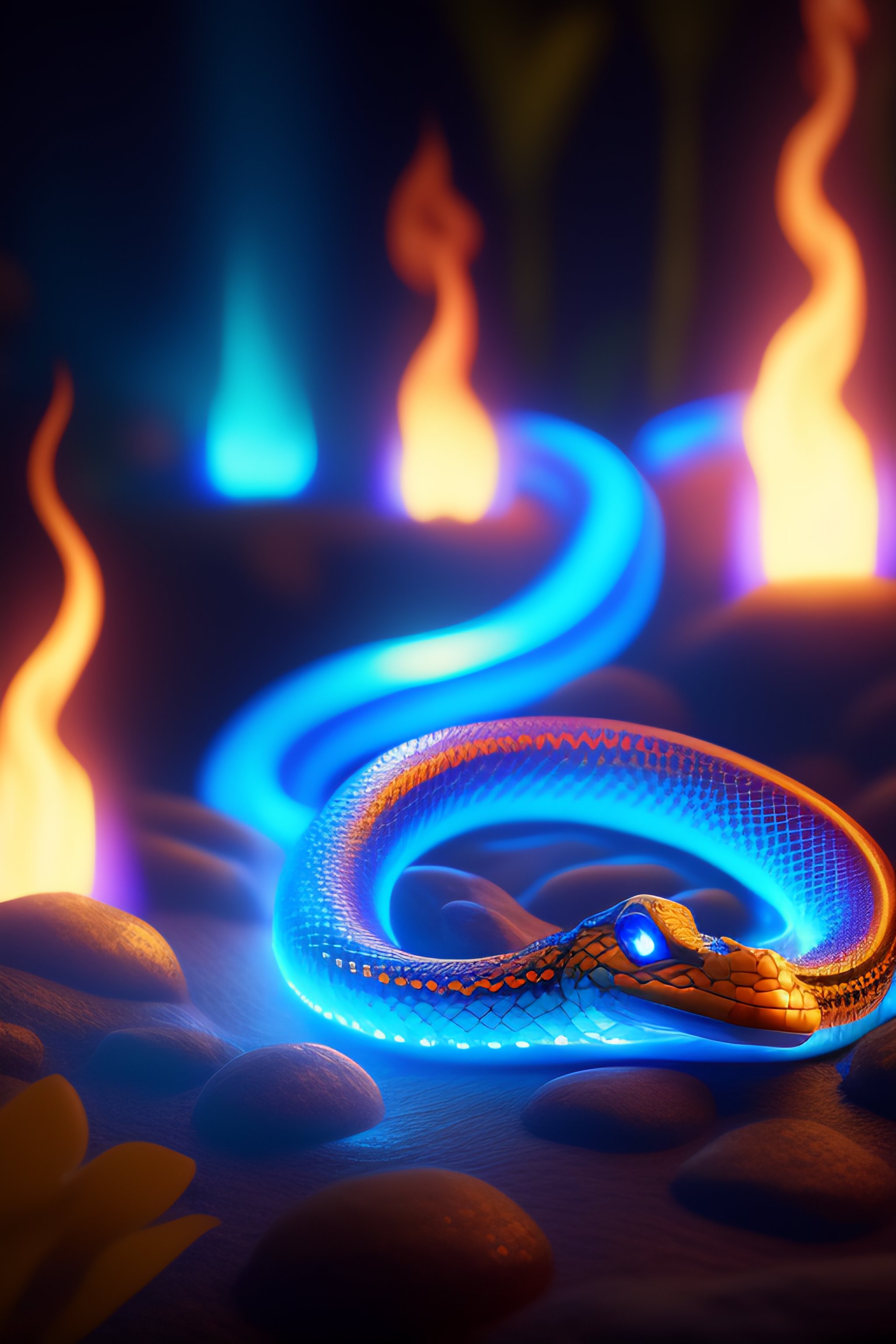 Lexica - Flaming Giant Snake with blue flames at tropical forest by ...