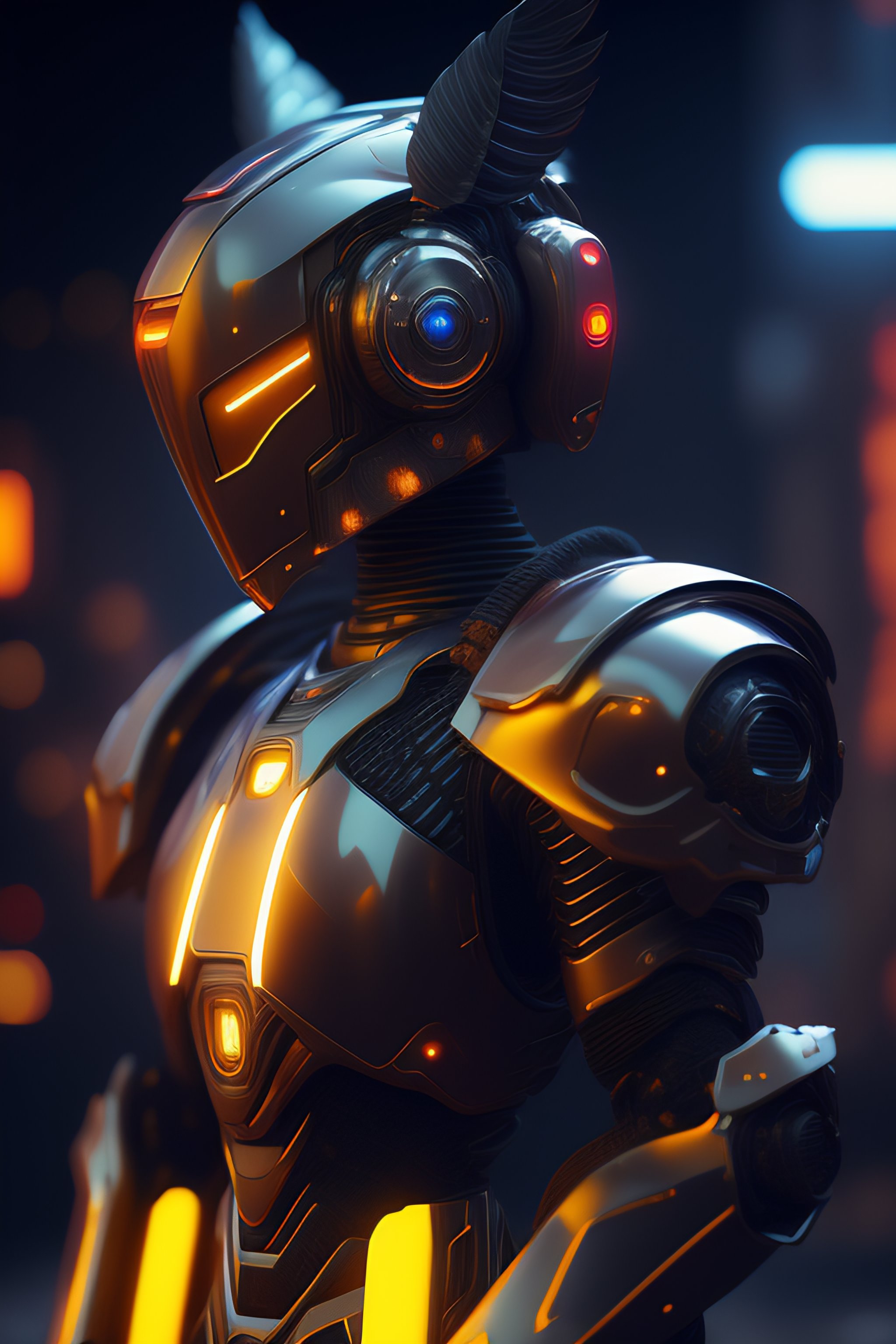 Lexica Robot destroyed to pieces with glowing visor as a realistic scifi cyberpunk knight