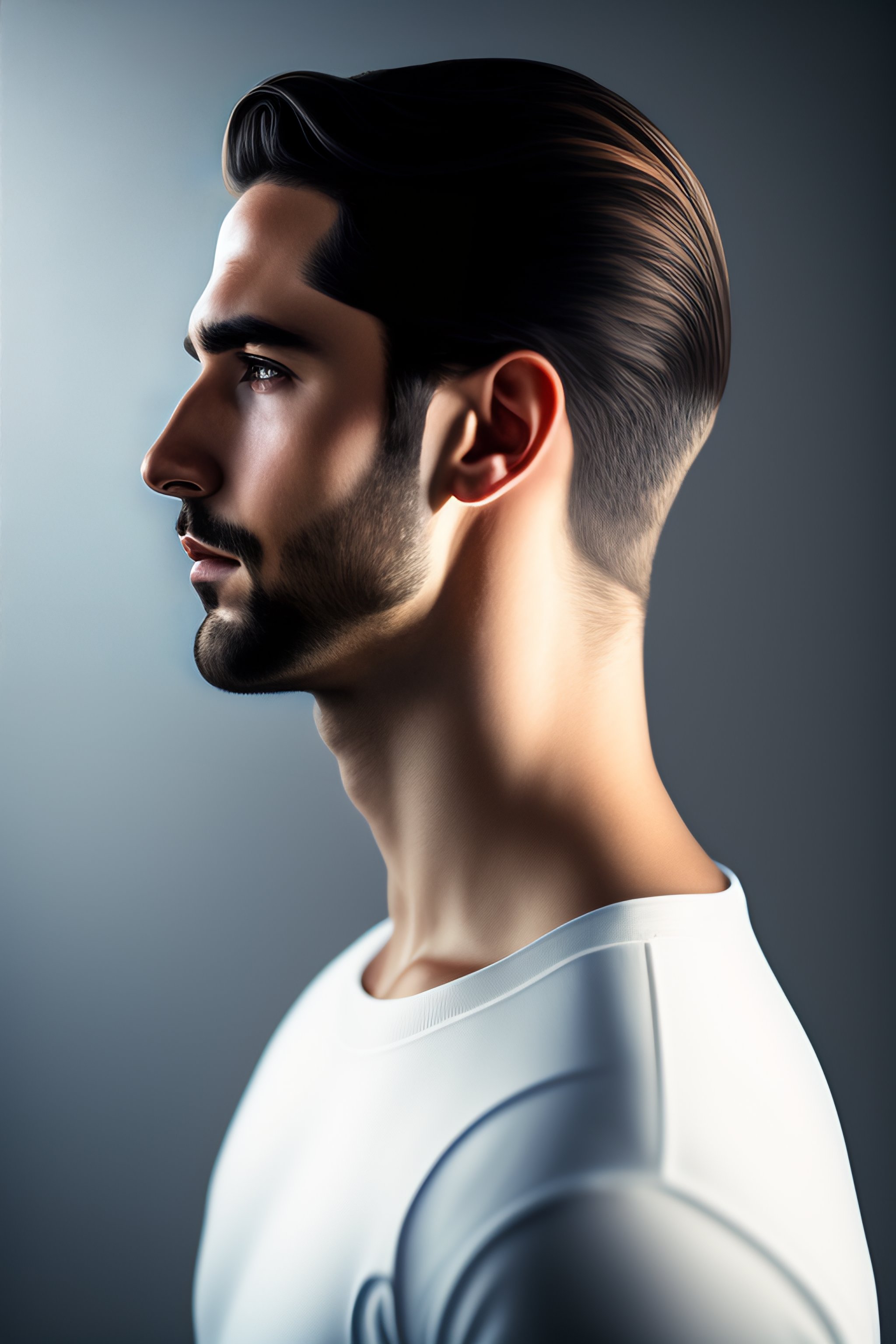 Lexica Photorealistic portrait of a man without defined jawline, side profile, white background