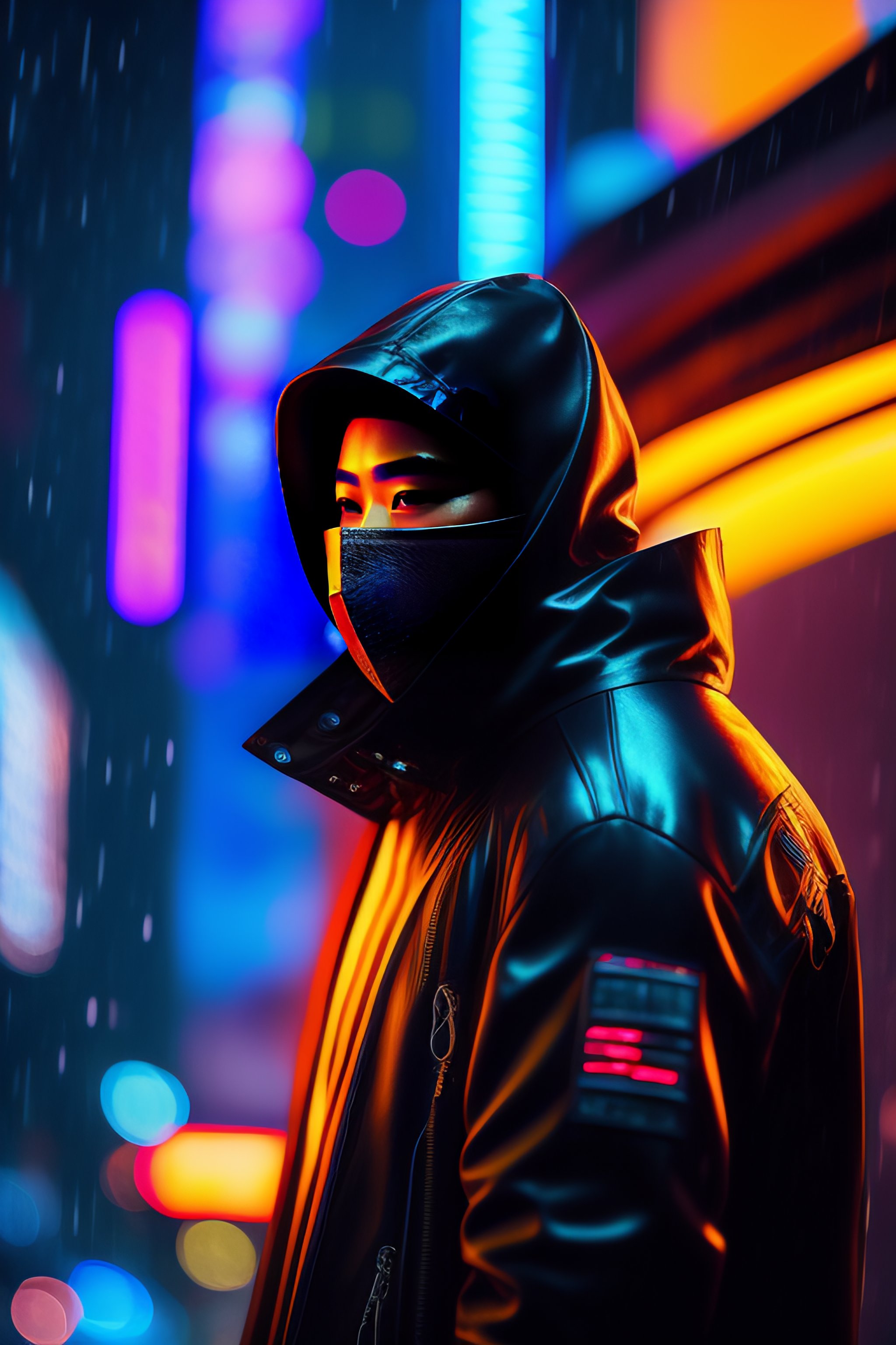 Lexica - Futeristic cyberpunk masked assassin, in heavy rainning ...