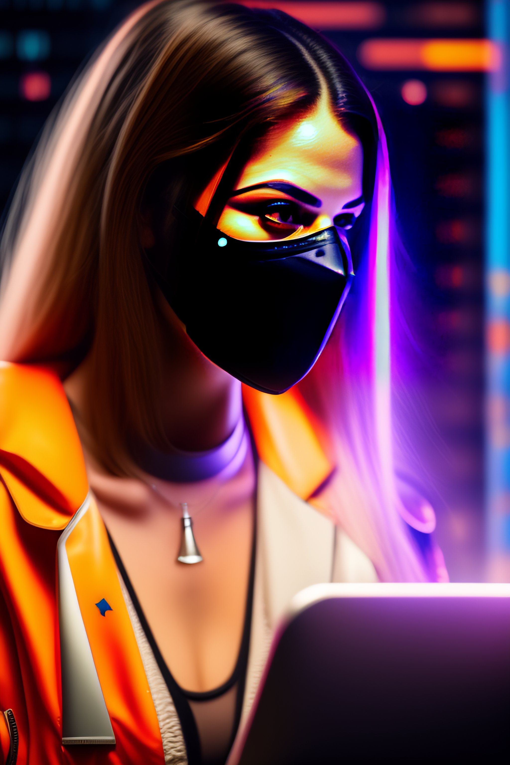 Lexica Generate an image of a female hacker in a mask at a computer