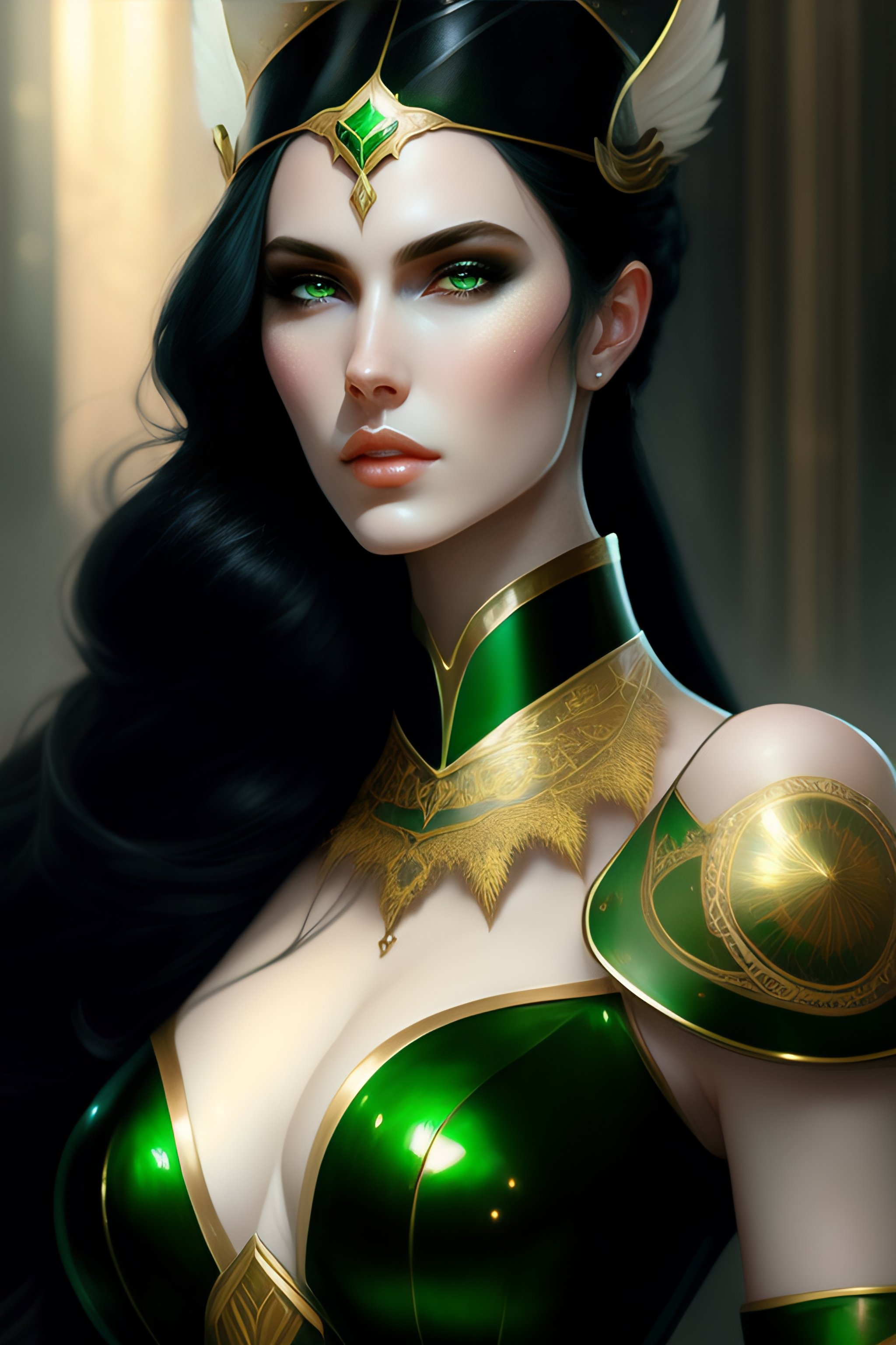 Lexica Black Hair Pale Skin White Skin Woman Armored Green Eyes