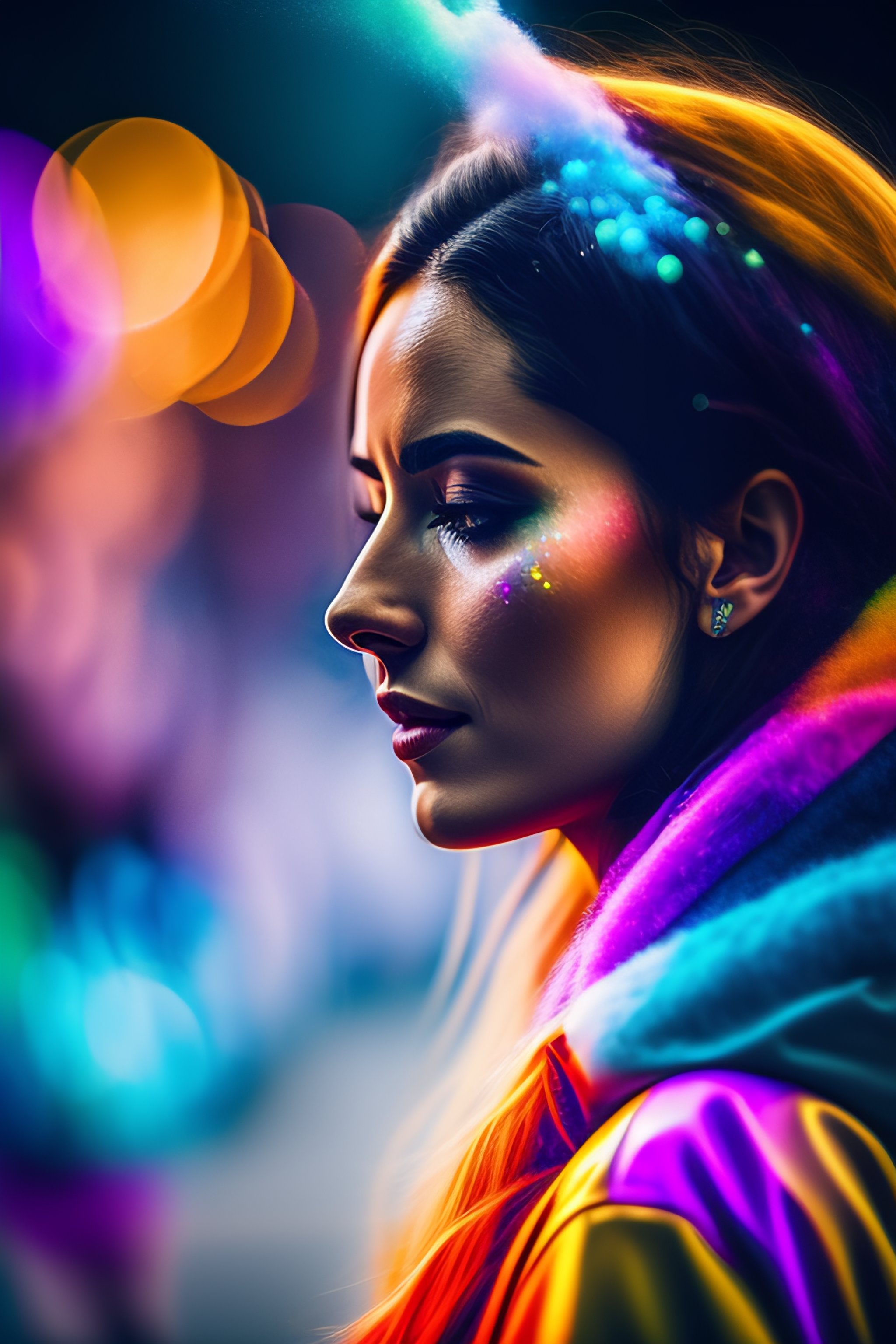 Lexica - Portrait of a young woman at a rave throwing colored dust ...