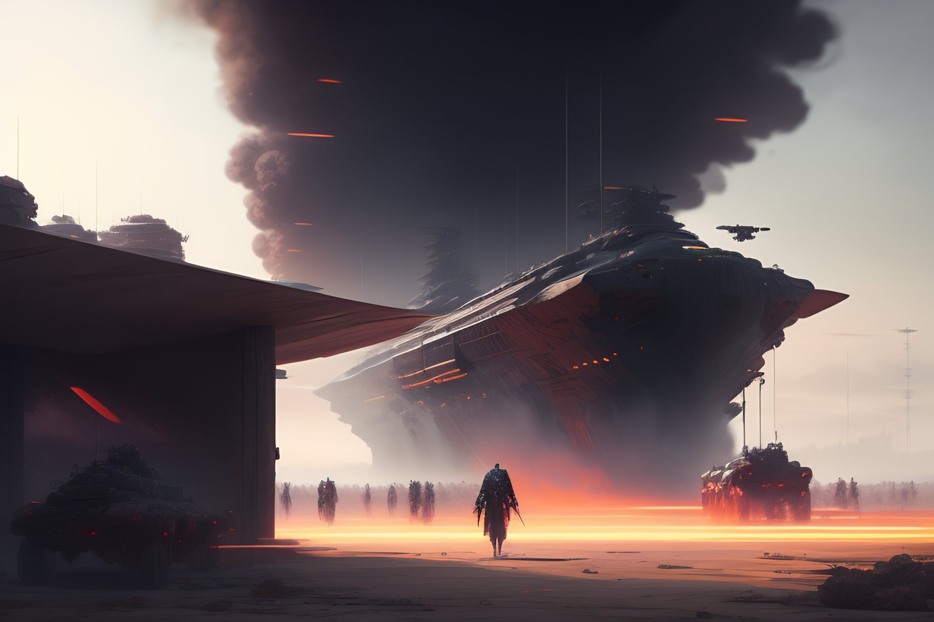 Lexica - Dramatic war scene, art by greg rutkowski, cyberpunk