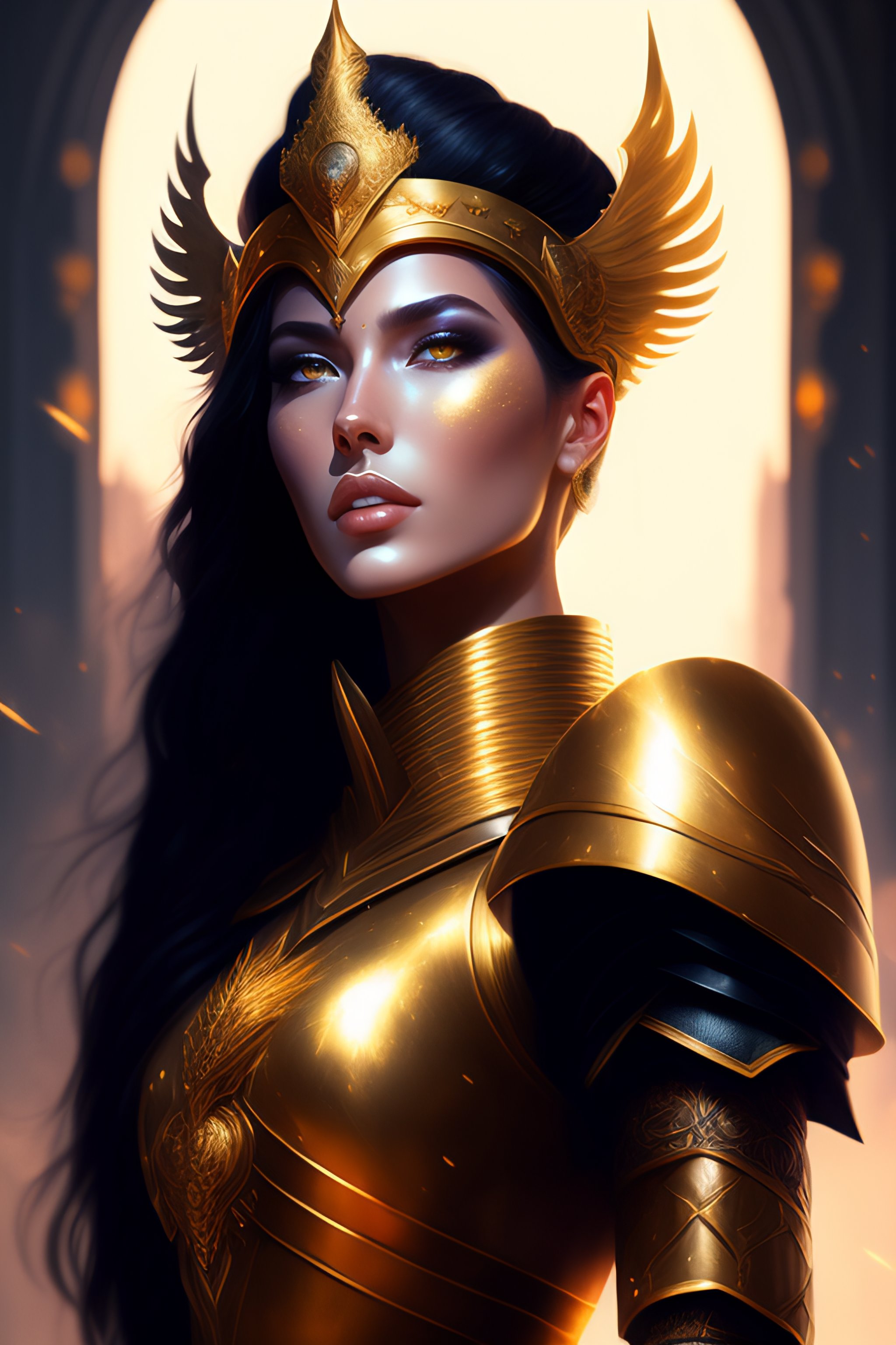 Lexica Portrait Dark Fantasy Knight Of Ancient God Golden And Copper Shining Armor In Ruined