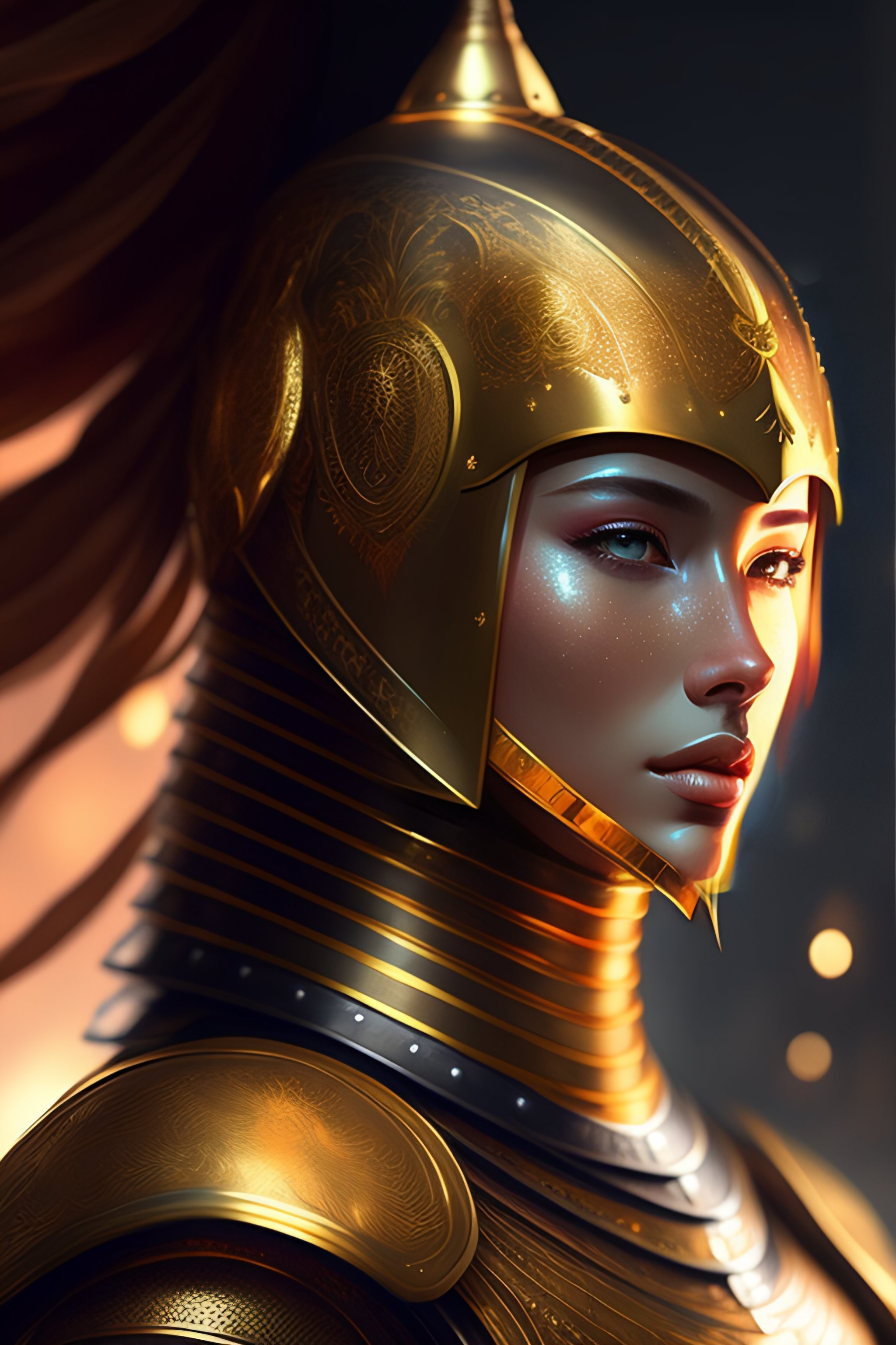 Lexica Portrait Of A Knight Golden And Copper Heavy Armor In The Void Very Thin Fantasy