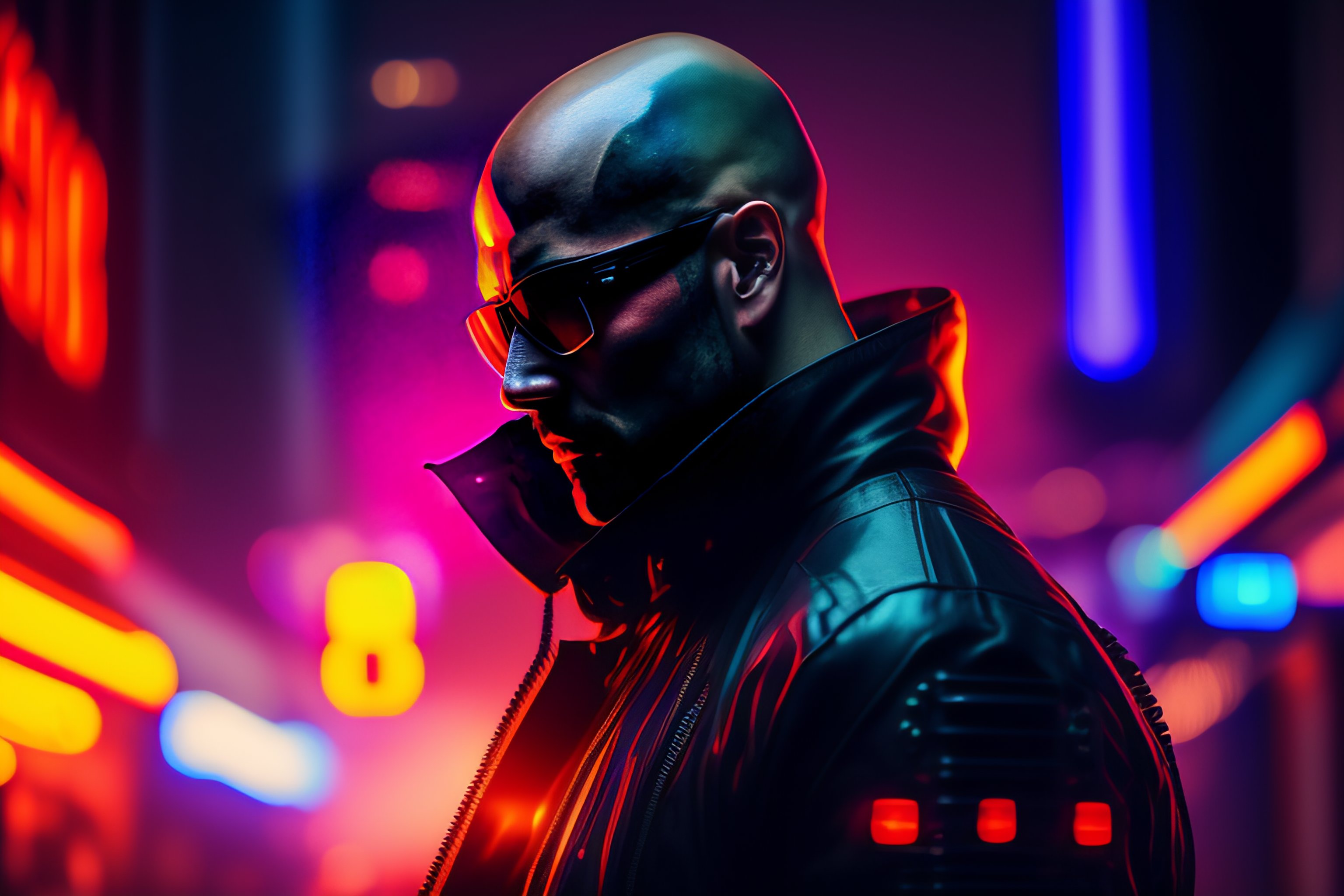 Lexica - Action shot of a bald cyberpunk man with cybernetic arms, neon ...