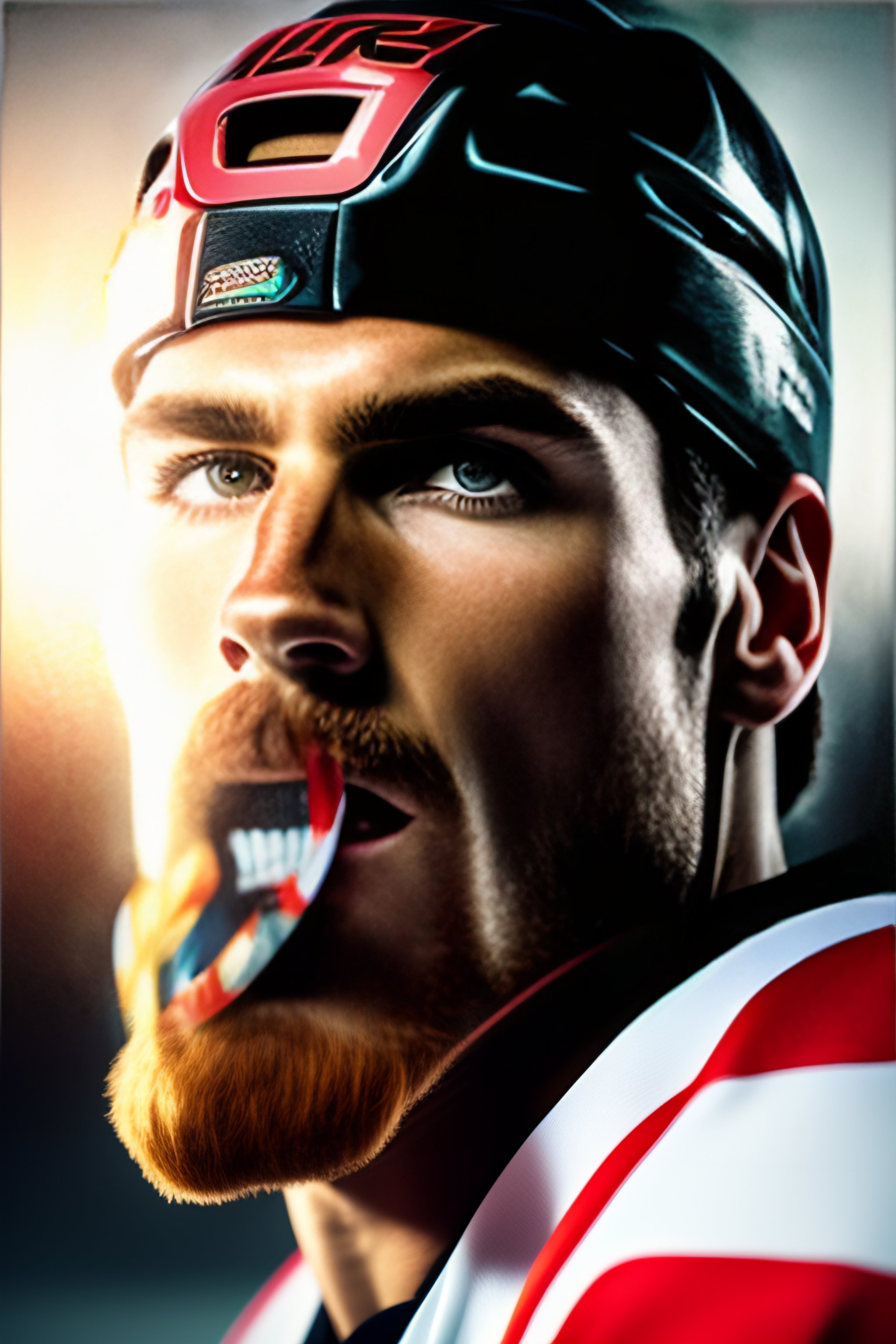 Lexica Portrait of a hockey player showcasing his mouthguard