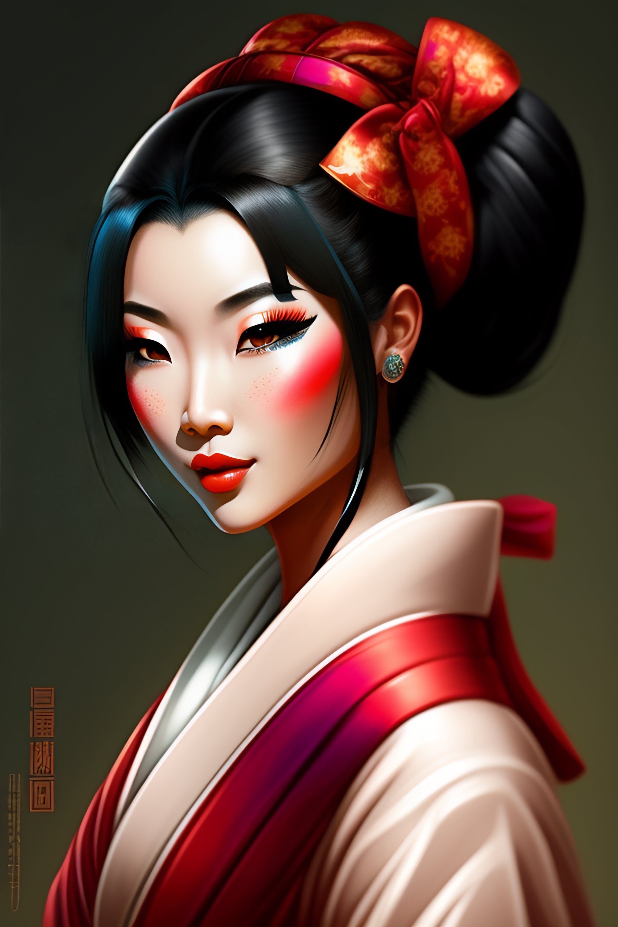 Lexica - Cartoon of geisha cheerful with her hair in a ponytail, dark ...