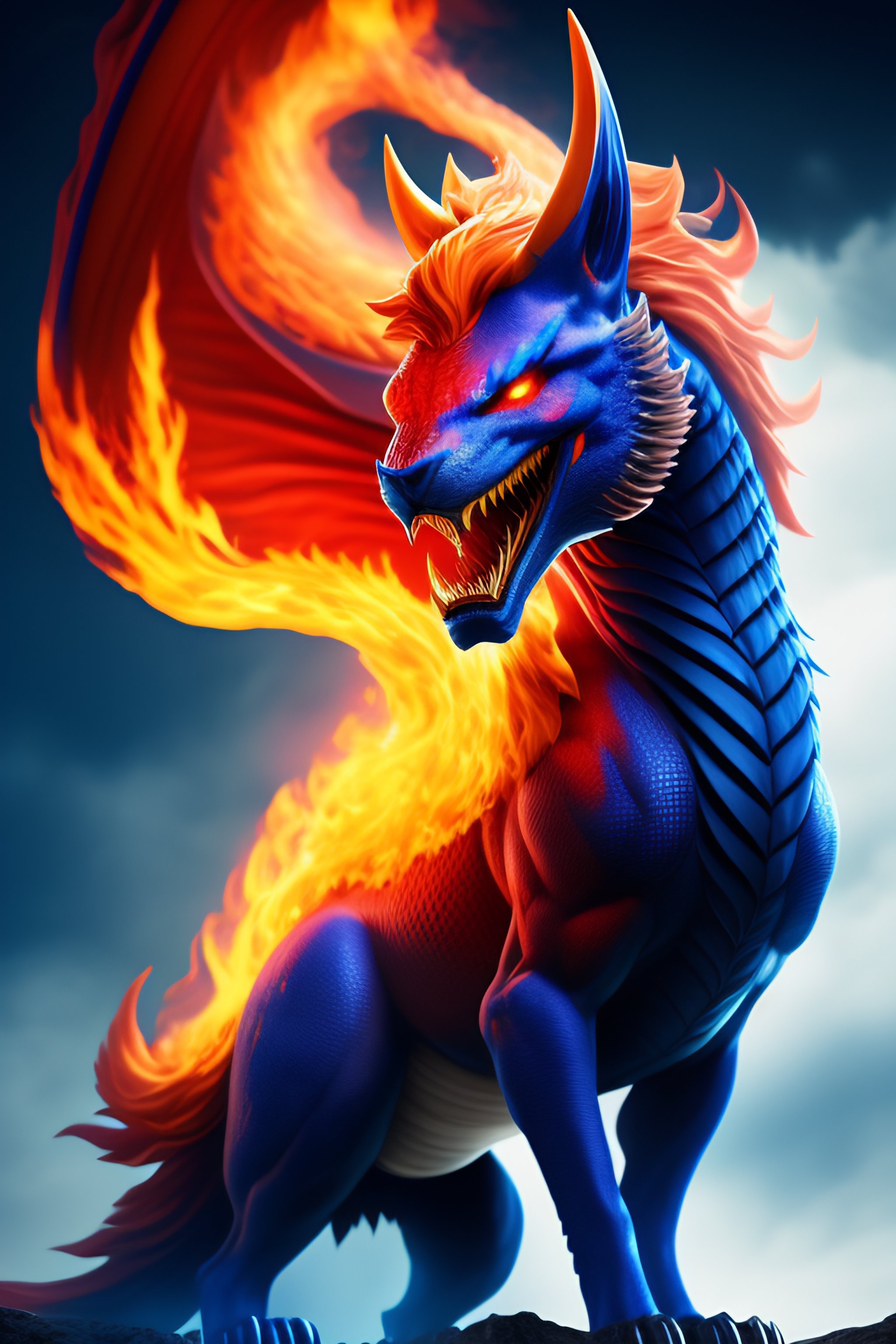 Lexica - Fiery titan fighting a blue dragon highly epic