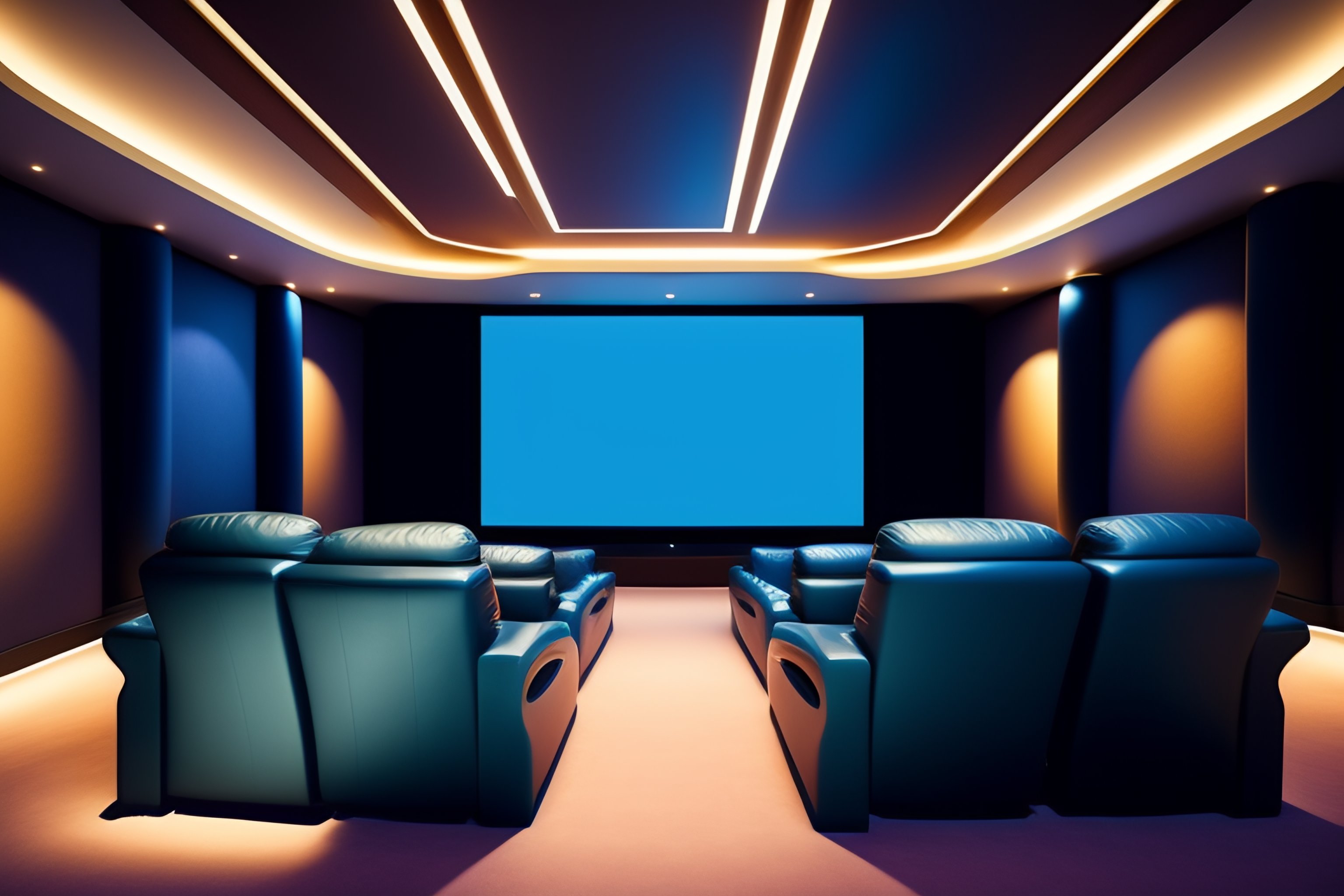 Lexica - Futuristic movie theater screen, sky blue leather seats, large ...