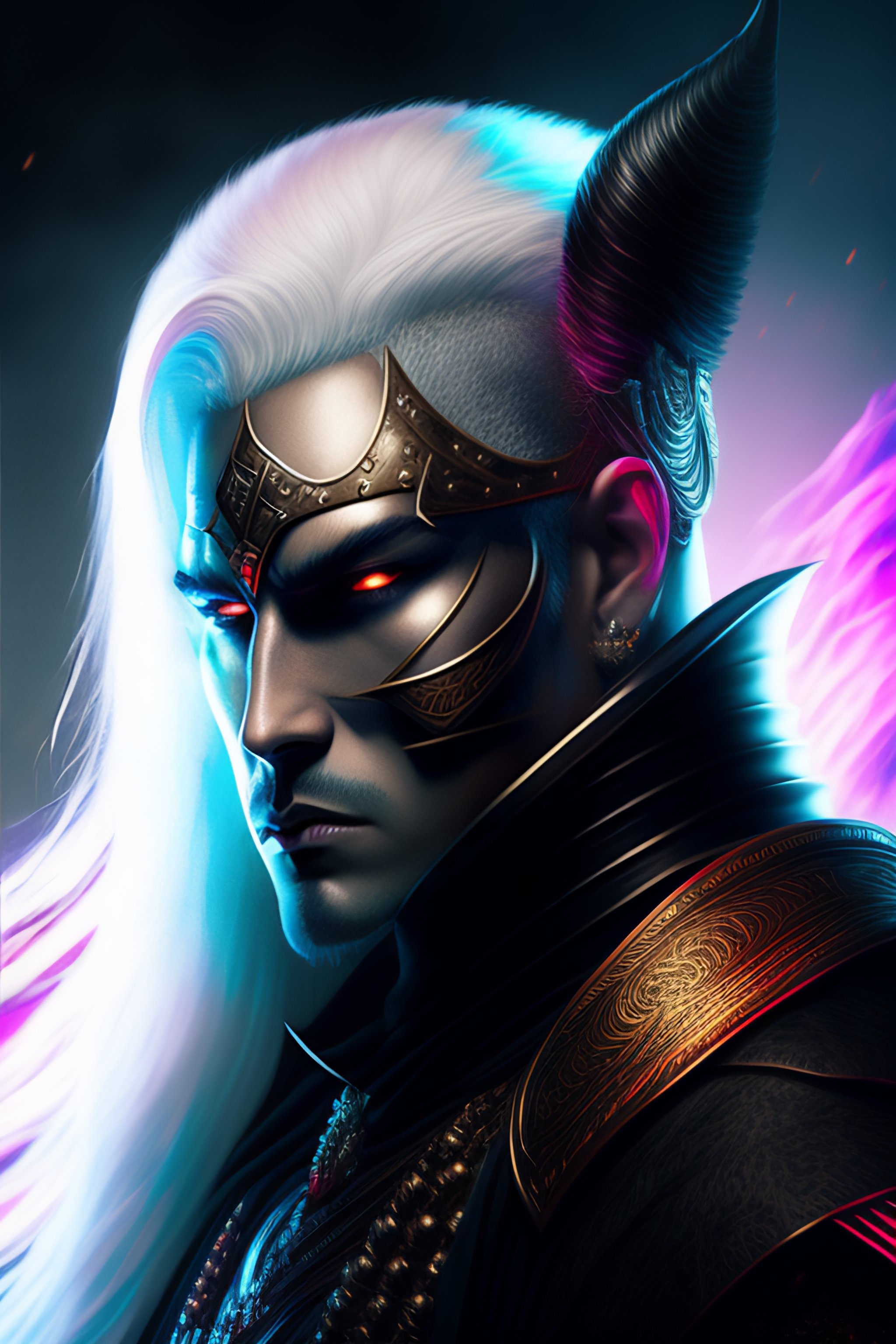 Lexica - Portrait of white hair warrior with skull mask and horn holidn ...