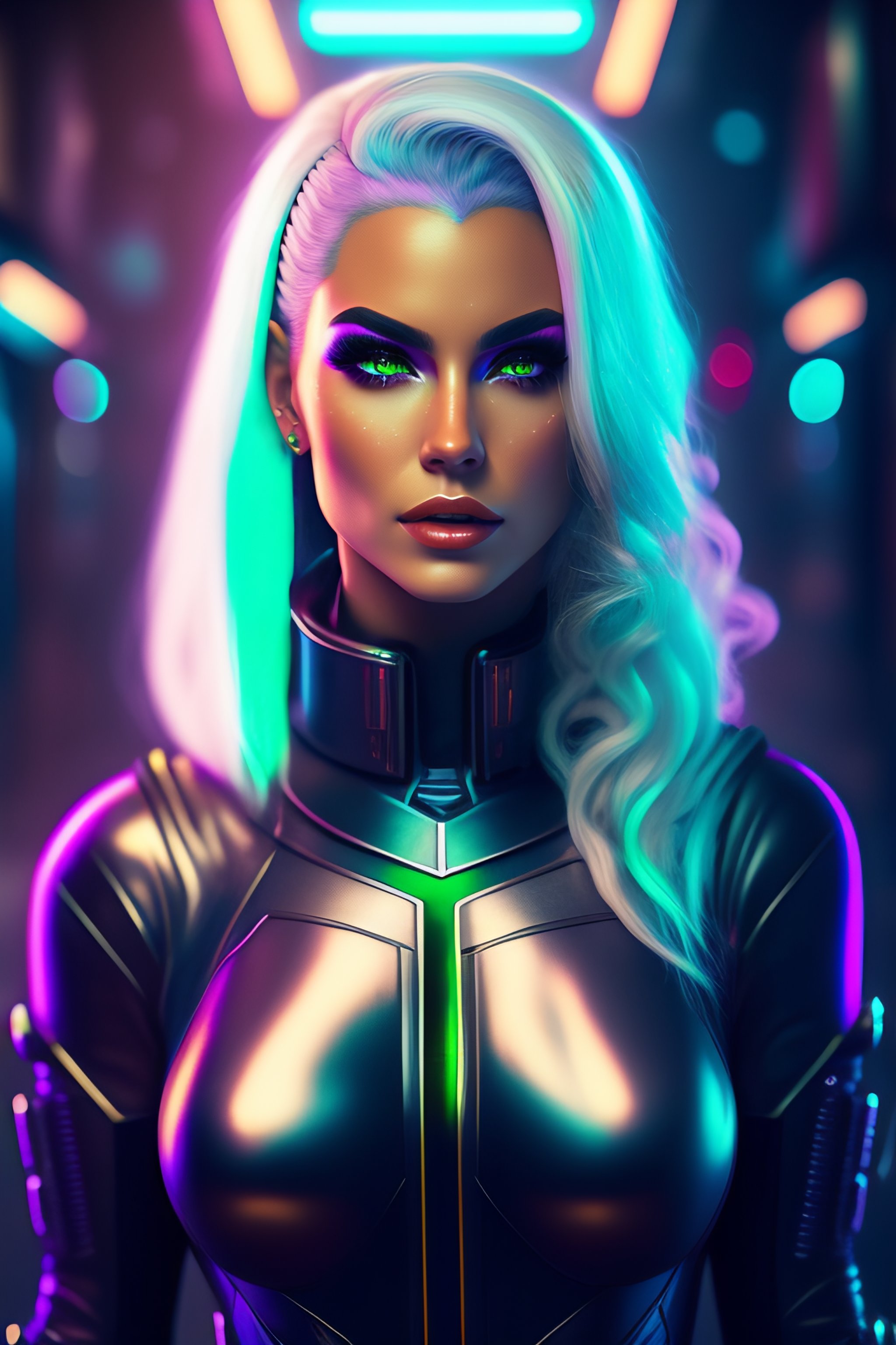 Lexica - Cyberpunk girl, neon city, silver hair, green eyes, black ...