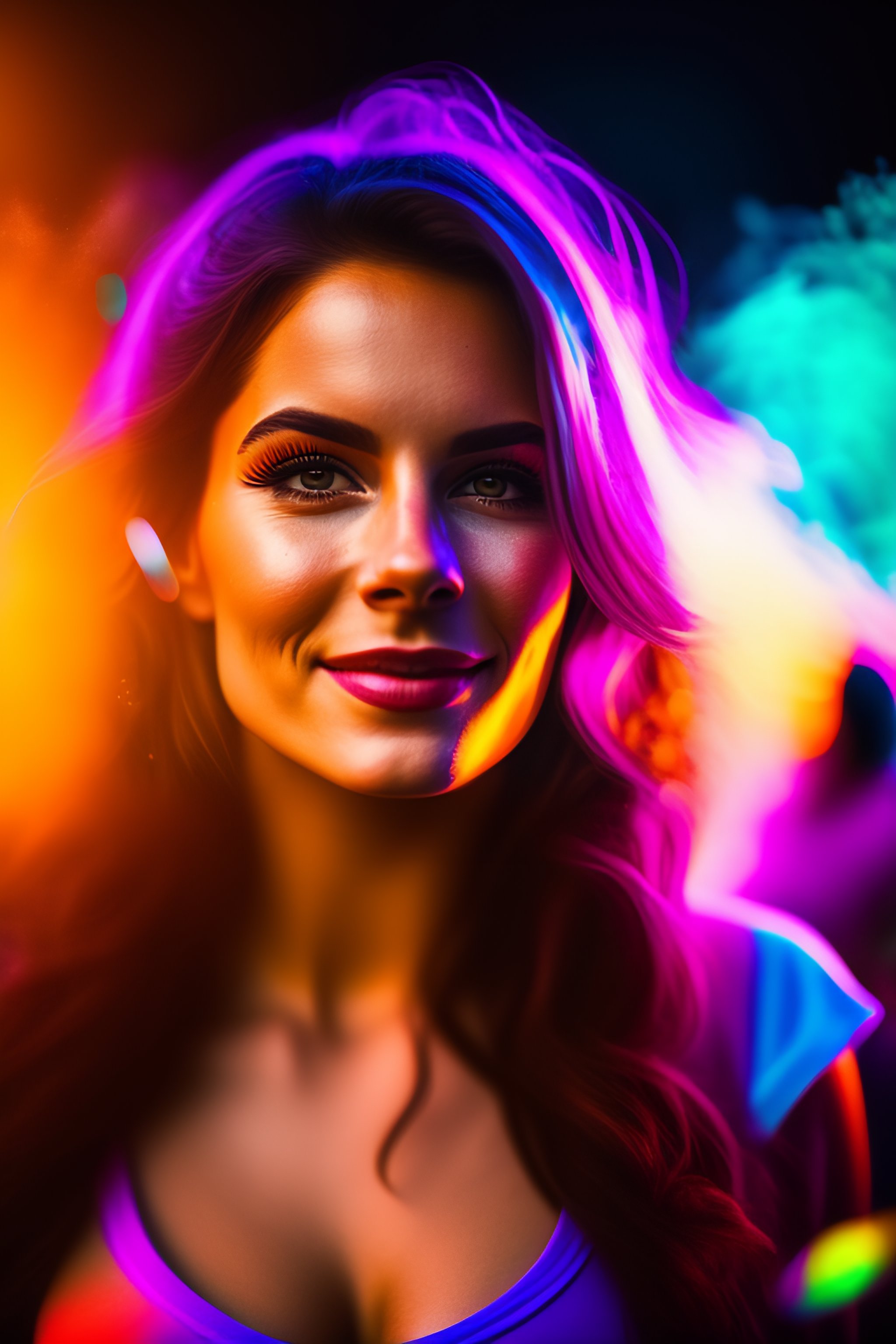 Lexica - Portrait of a young woman at a rave throwing colored dust ...