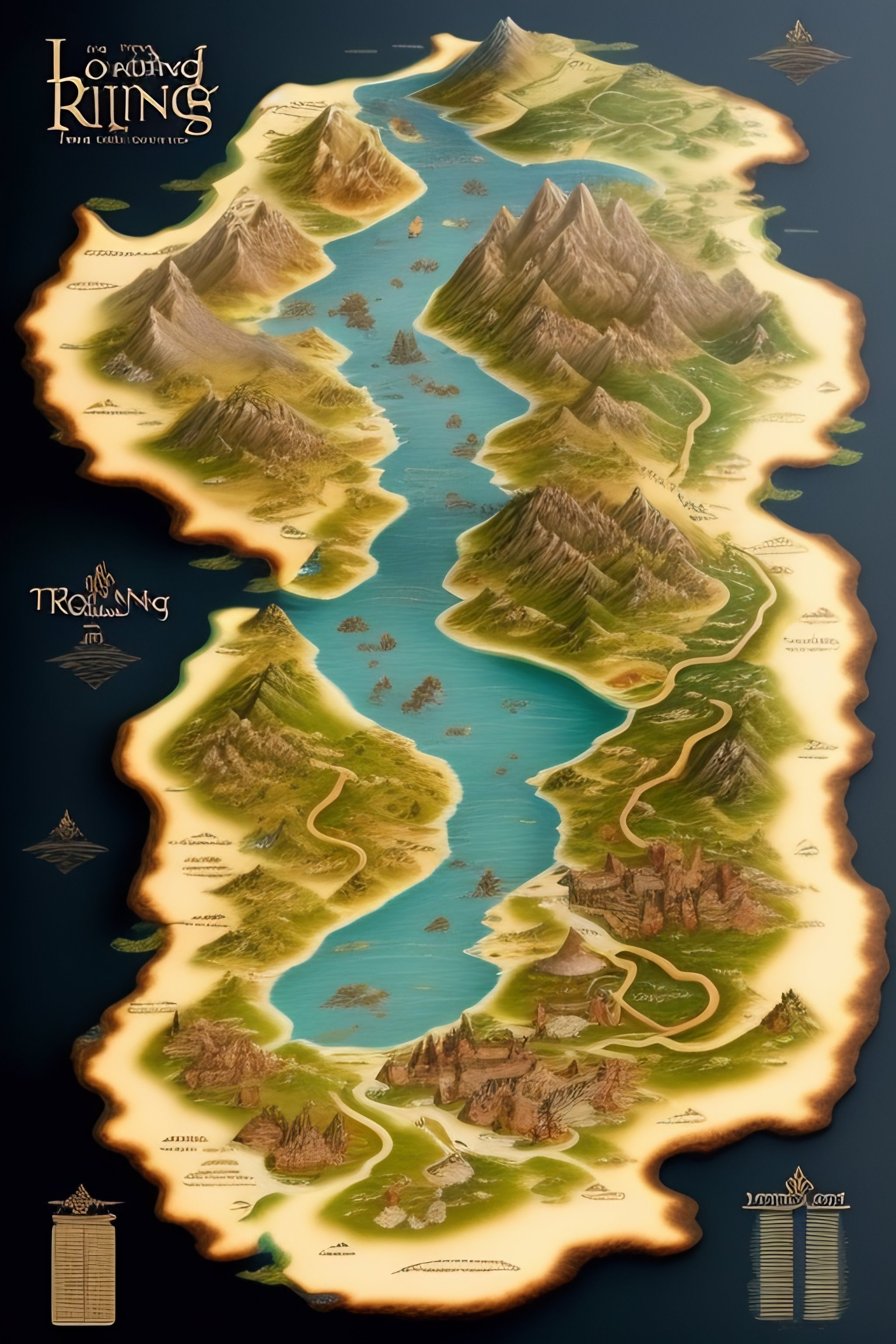 Lexica The lord of the rings style, tabletop map, cities, towns, caves, temples, ruis, anceint
