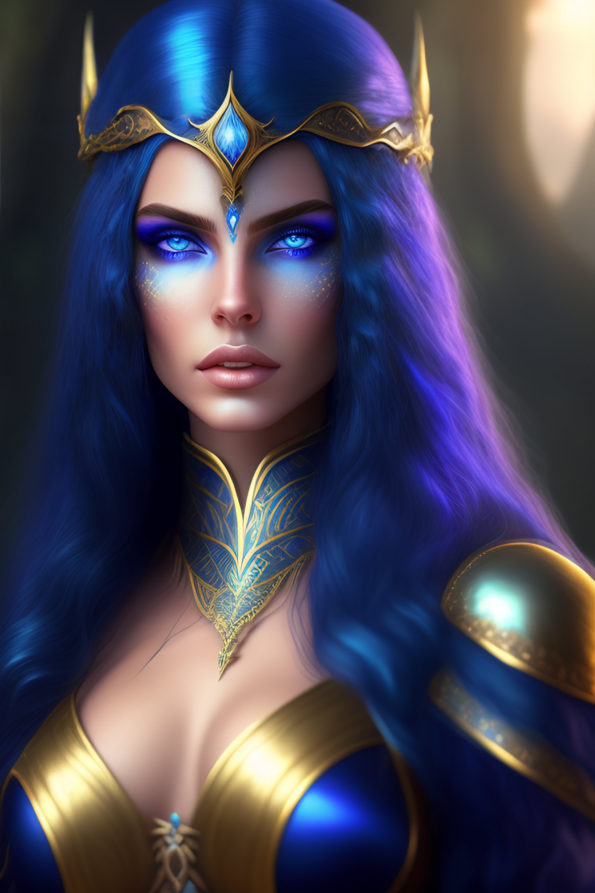 Lexica - A cute sorceress elven, blue long hair, golden eyes, hyper ...