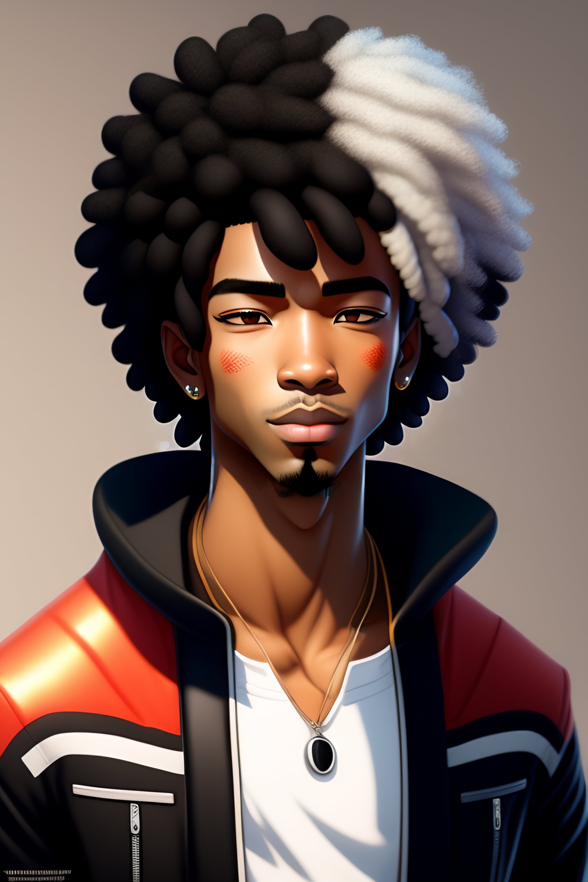Lexica Male whos half black and white curly hair anime style