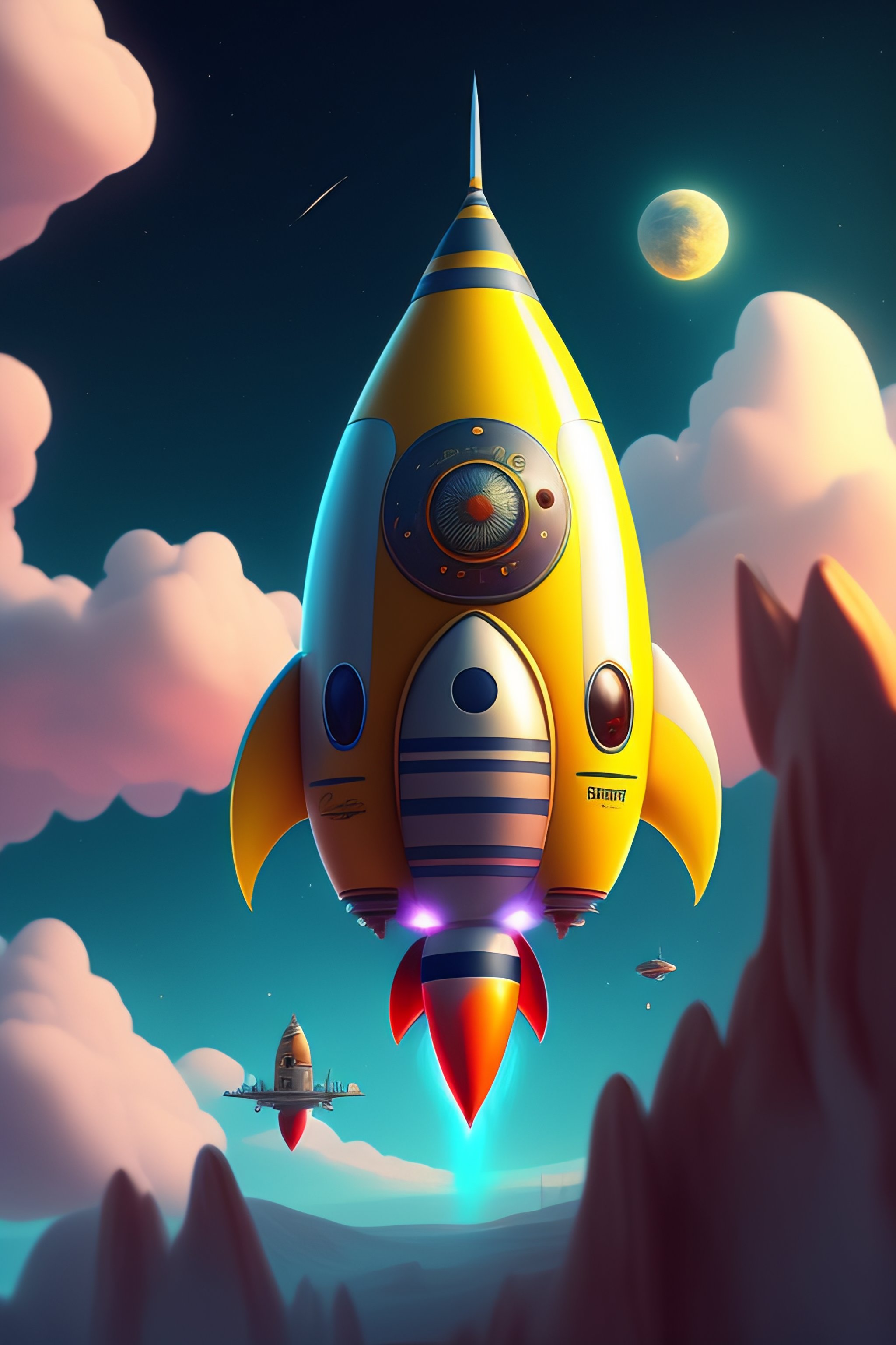 Lexica - Rocket in cartoon style, funny, fantasy, dreamlike, surrealism,  super cute, trending on artstation, cinematic view