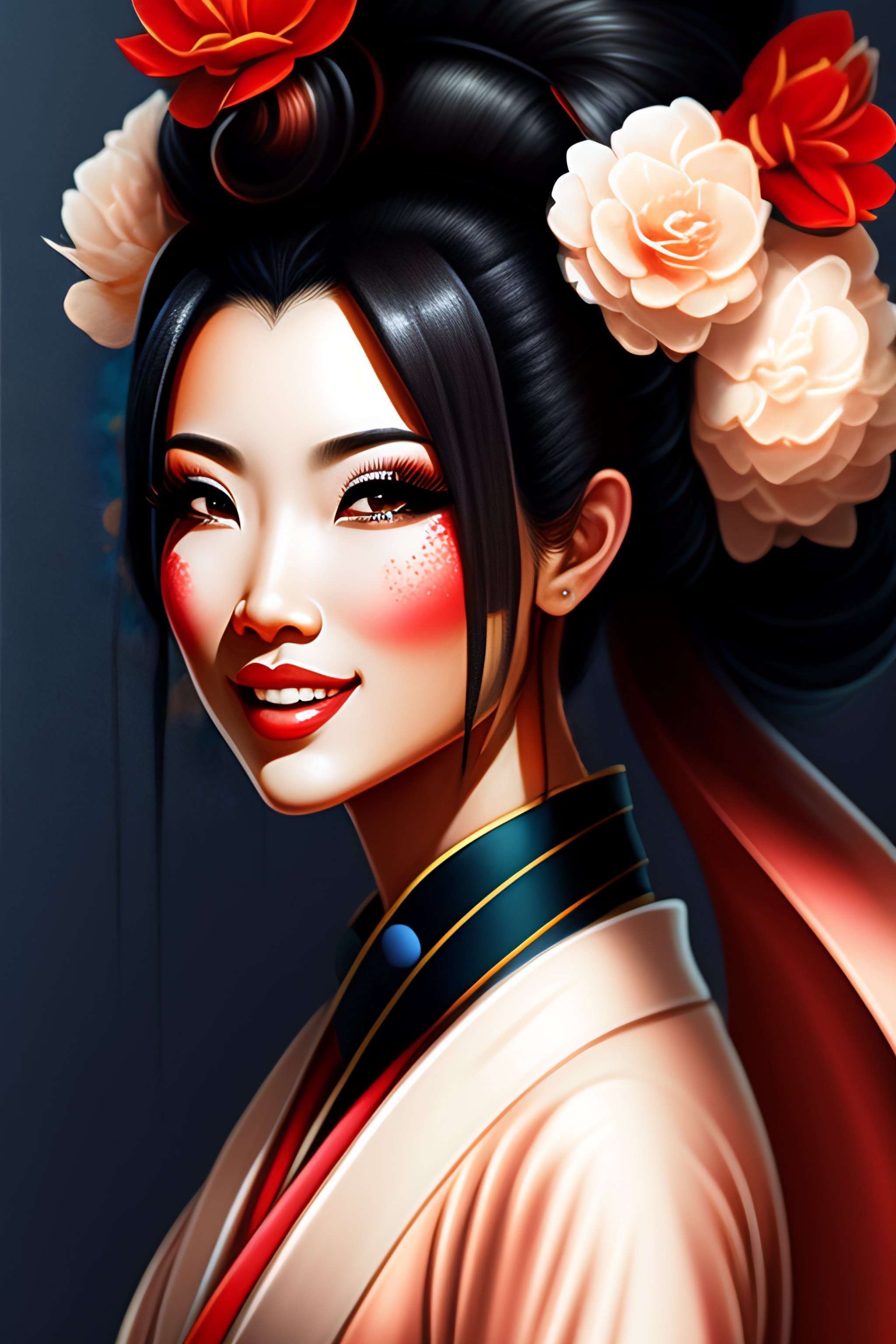 Lexica - Cartoon of geisha cheerful with her hair in a ponytail, dark ...