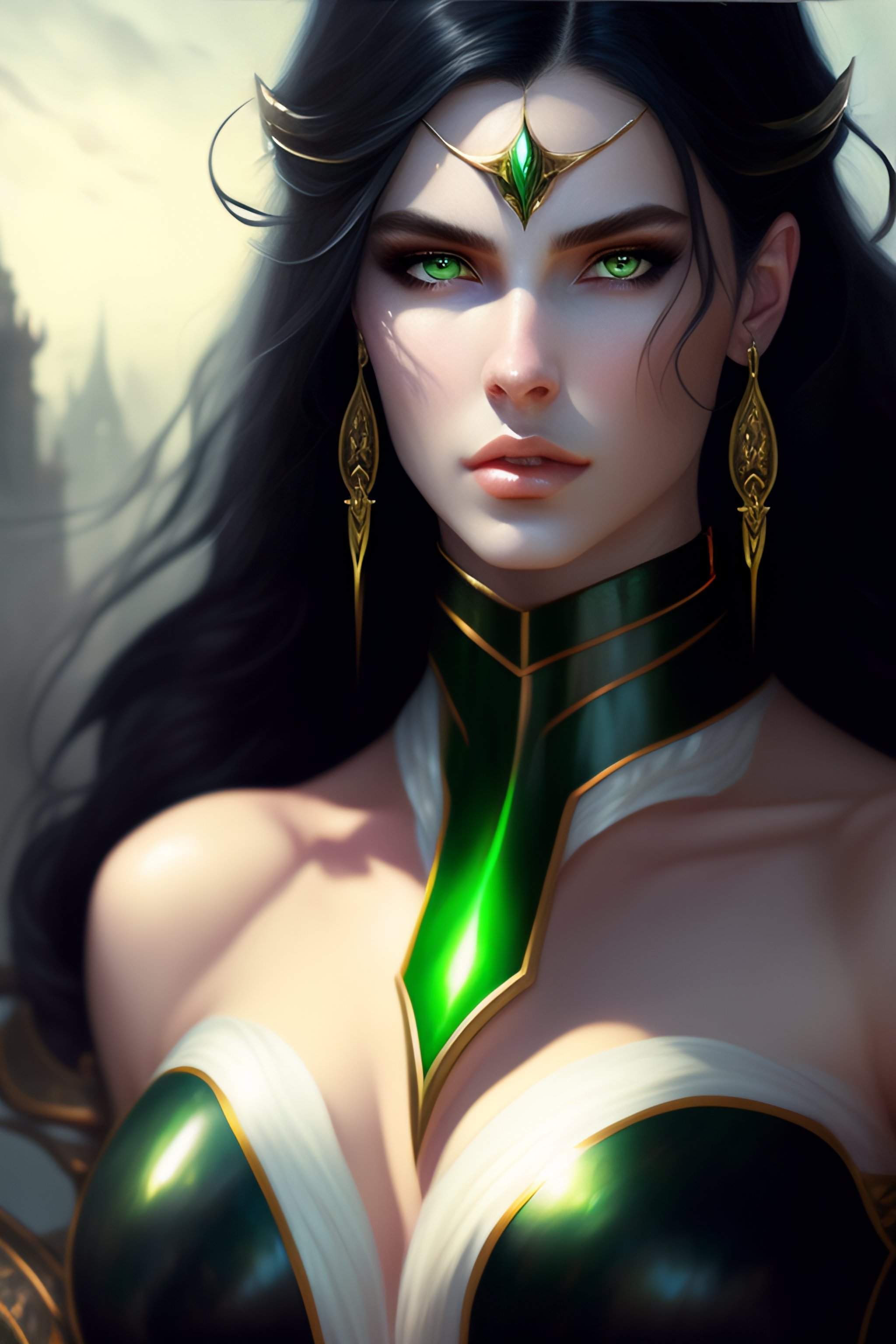 Lexica Black Hair Pale Skin White Skin Woman Armored Green Eyes