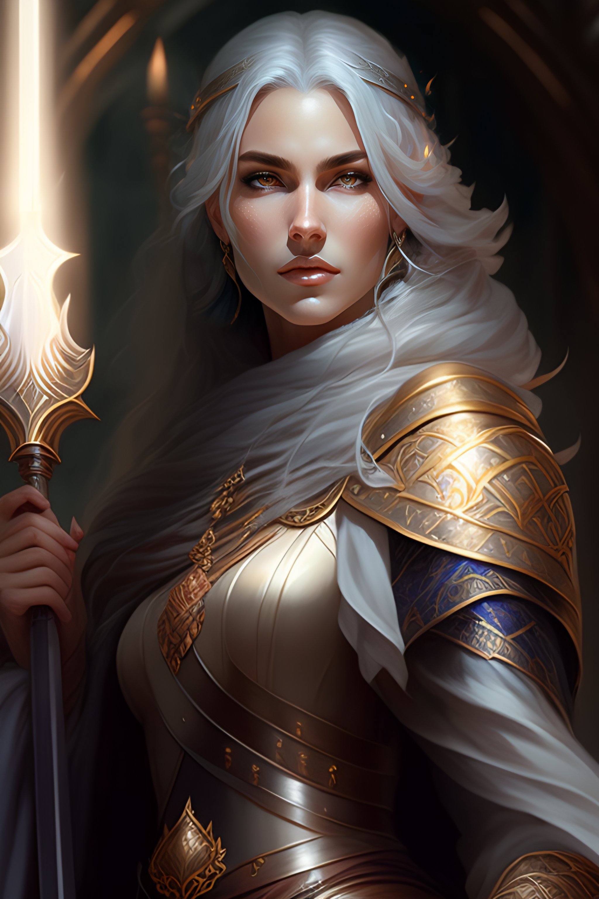 Lexica - Female cleric in center, dnd, fantasy, gray hair, holding ...