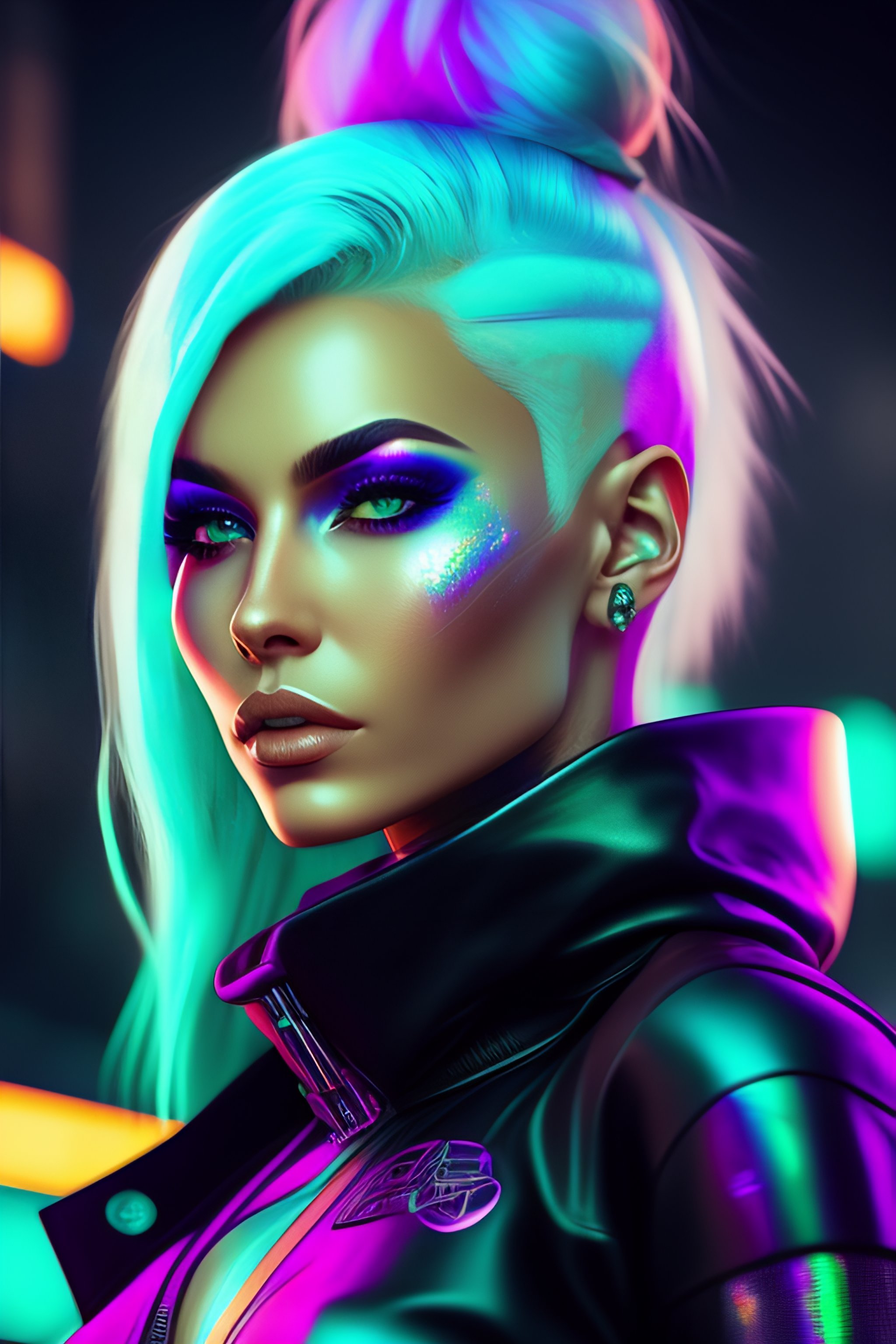 Lexica - Cyberpunk girl, neon city, silver hair, green eyes, black ...