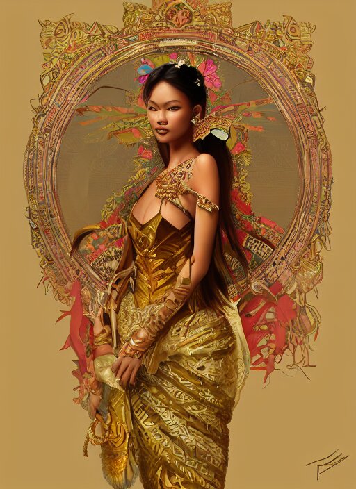 portrait of an indonesian supermodels wearing traditional costume, highly detailed, digital painting, artstation, concept art, sharp focus, illustration, art by kittichai rueangchaichan and james gurney and alphonse mucha 