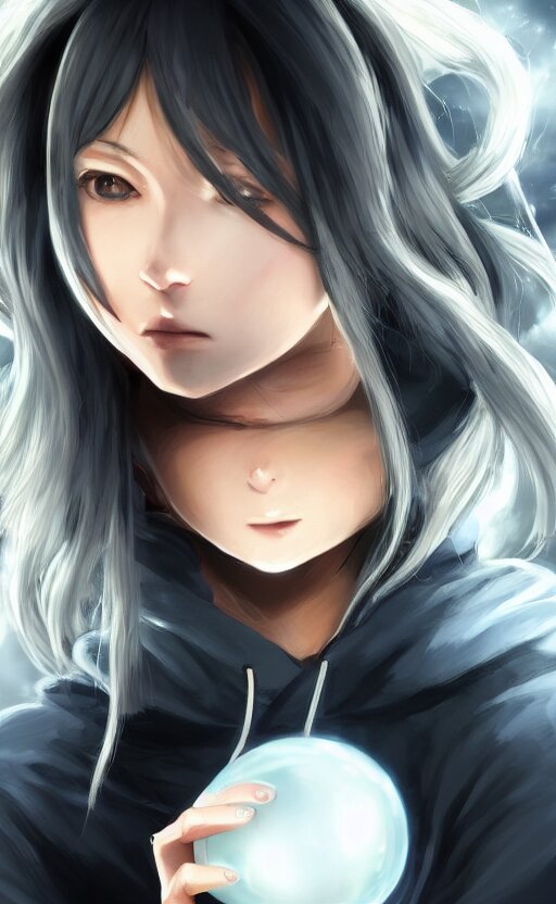 anime girl with wavy white hair in a hoodie holding an electric ball, WLOP, concept art, digital painting, trending on artstation, highly detailed, epic composition, 8k UHD