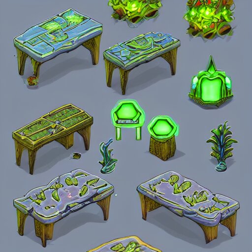 concept art 2 d game asset of furniture with an organic isometric design based on bioluminescent alien - like plants inspired by the avatar's bioluminescent alien nature. around the furniture, we can see plants that glow in the dark. all in isometric perspective and semi - realistic style item is in a black background colorful neons masterpiece 