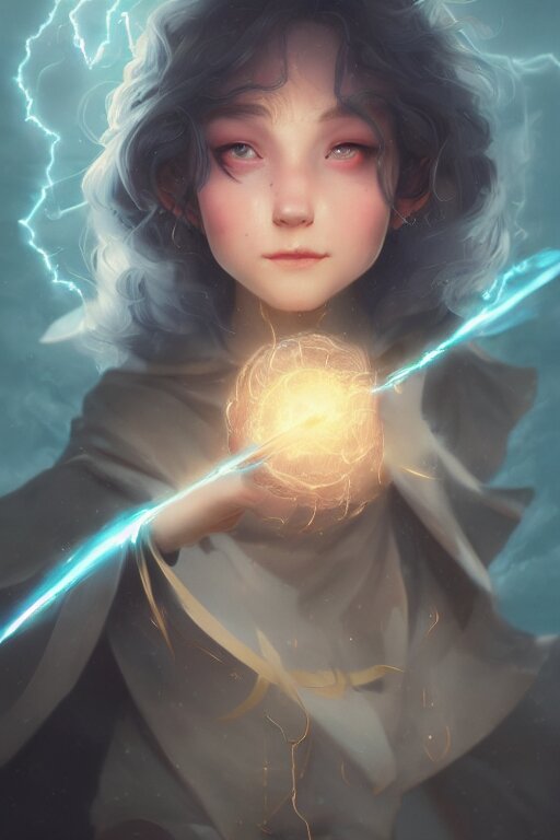 a cute wizard girl conjuring a lightening ball, character art portrait, anime key visual, official media, illustrated by tom bagshaw, wlop, kentaro miura, extremely detailed, 8 k, trending on artstation, cinematic lighting, beautiful 