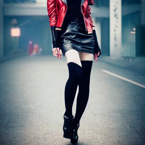 a dynamic, epic cinematic 8K HD movie shot of a japanese beautiful cute young J-Pop idol actress yakuza rock star girl wearing leather jacket, miniskirt, nylon tights, high heels boots, gloves and jewelry. Motion, VFX, Inspirational arthouse, at Behance, with Instagram filters