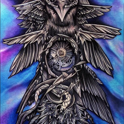 raven, jioness, forest, blue flame, moon, tattoo art by Bryan Alfaro, award winning tattoo concept, highly detailed,