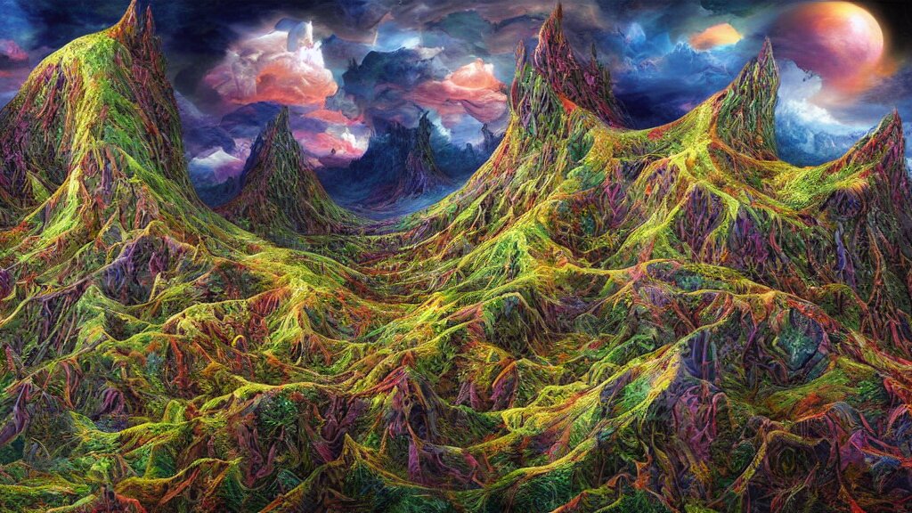 fantasy landscape with fractals in the styles of igor morski, jim warren, and m. c. escher, intricate, colorful, hyperrealistic, volumetric lighting 