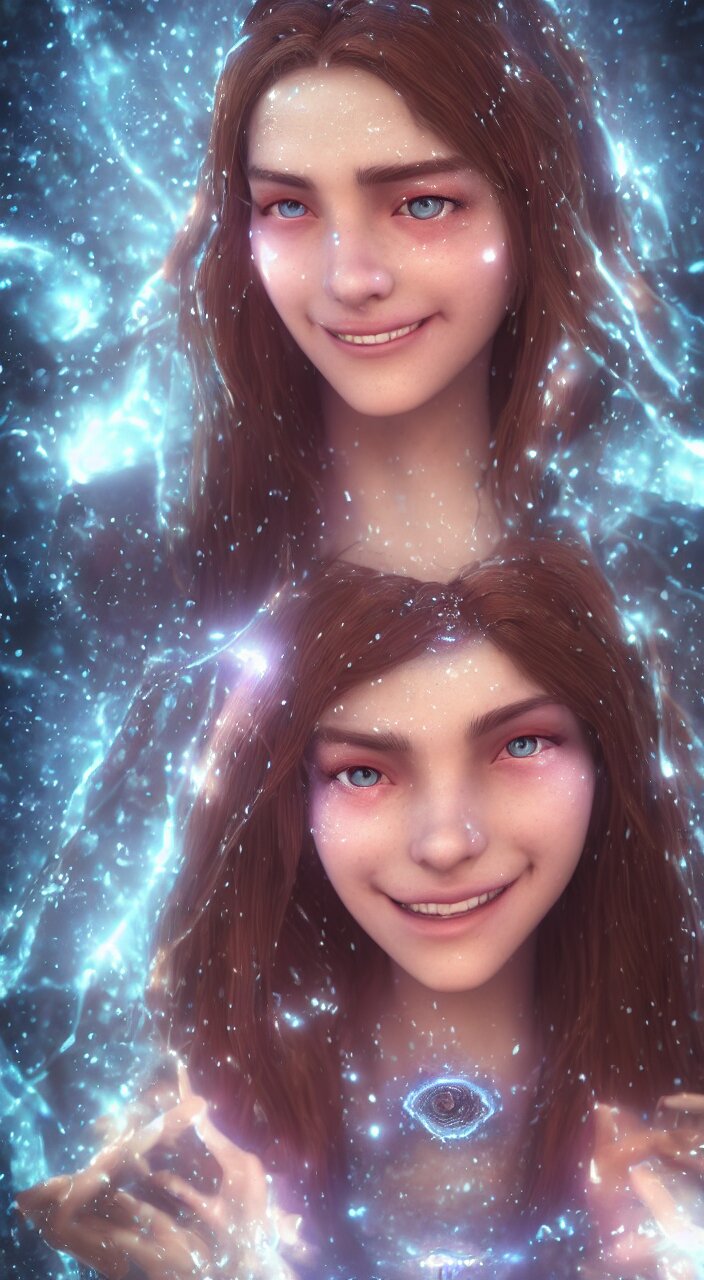 Teenage female Mage, outdoors lighting, astral background, symmetrical face and body, confident, smile, detailed moisture, detailed droplets, detailed intricate hair strands, DSLR, ray tracing reflections, eye reflections, focused, unreal engine 5, vfx, post processing, post production, Arcane Style, 8k