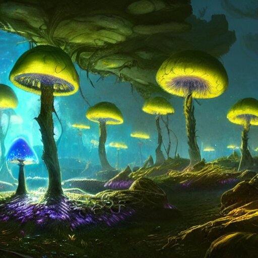 concept art painting of a fantasy alien fungal landscape at night, with glowing blue lights, glowing blue mushrooms, dark purple sky, realistic, detailed, cel shaded, in the style of makoto shinkai and greg rutkowski and albert bierstadt and james gurney 