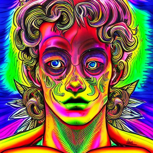 a psychedelic godlike humanoid, hyper detailed, in the style of rutkowski and junji ito and bob ross and lisa frank, selfie 