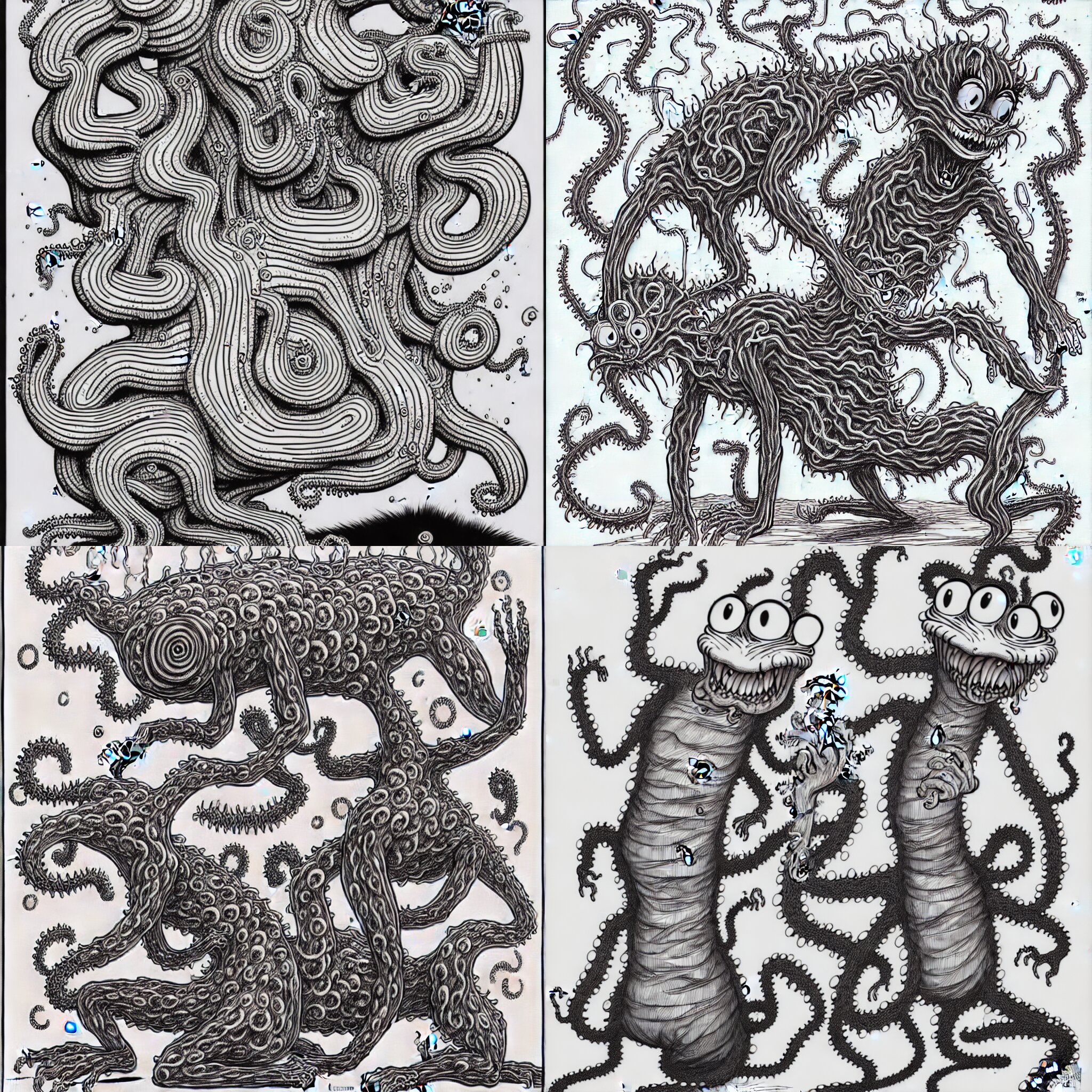 Garfield as an eldritch abomination, illustrated by Junji Ito, Lovecraftian, line art