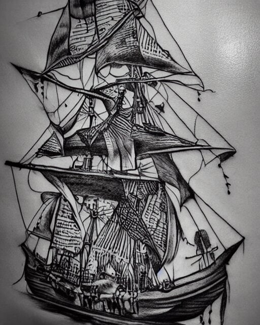 A tattoo design on paper of a pirate ship, on paper, black and white, highly detailed tattoo, realistic tattoo, by nik lucas