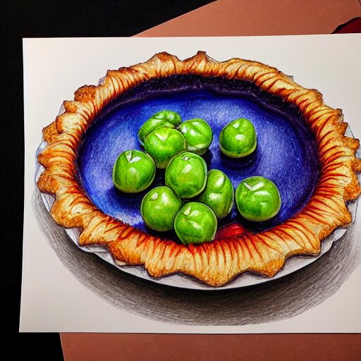  Colored pencil art on paper, Gooseberry pie slice on a plate, highly detailed, artstation, MasterPiece, Award-Winning, Caran d'Ache Luminance