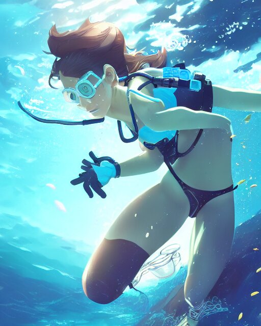 a girl scuba diving in an ocean full of sea life, full shot, atmospheric lighting, detailed face, by makoto shinkai, stanley artgerm lau, wlop, rossdraws 