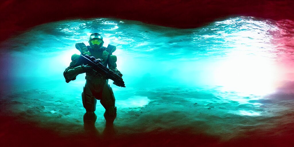 halo master cheif, under water, deep sea, dark, cinematic, small glow, wide angle, 