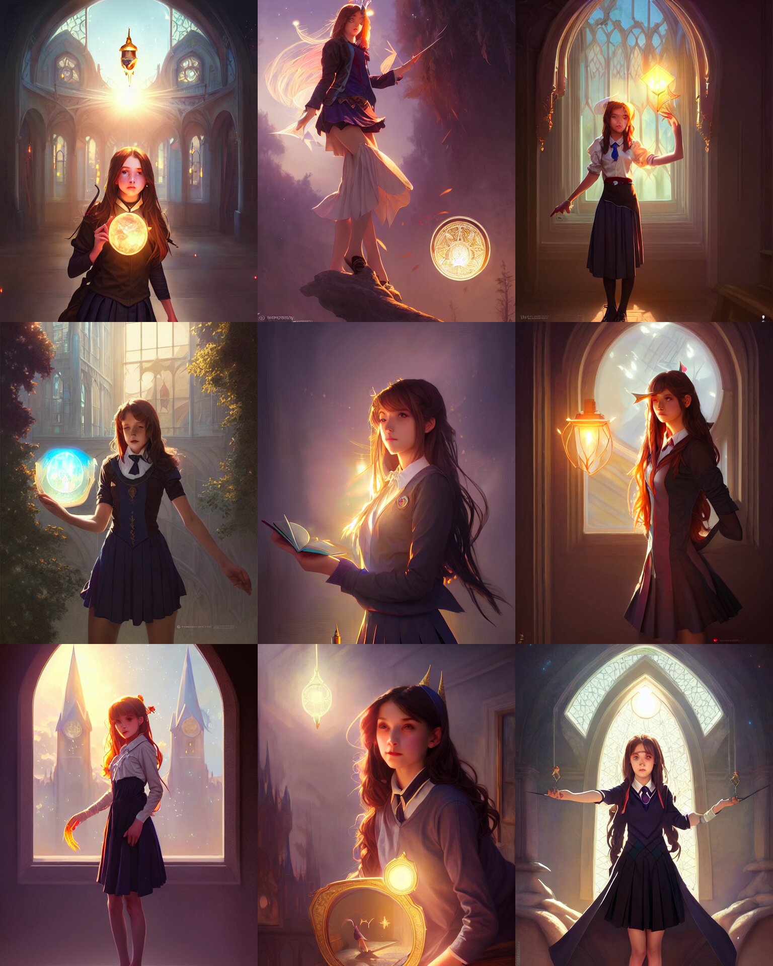 out of town college girl, magic school uniform, fantasy building, sorceress, dark light night, intricate, elegant, sharp focus, lens flare, bloom, rim light, illustration, highly detailed, digital painting, concept art, matte, art by wlop and artgerm and greg rutkowski and alphonse mucha, masterpiece 