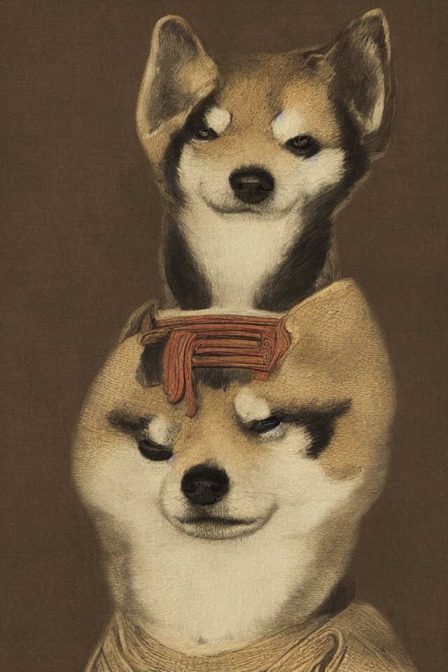 a portrait of a samurai shiba inu, in the art style of rembrandt, gilbert stuart, artistic, highly detailed, dark background, framed, 4 k, hyperrealistic 